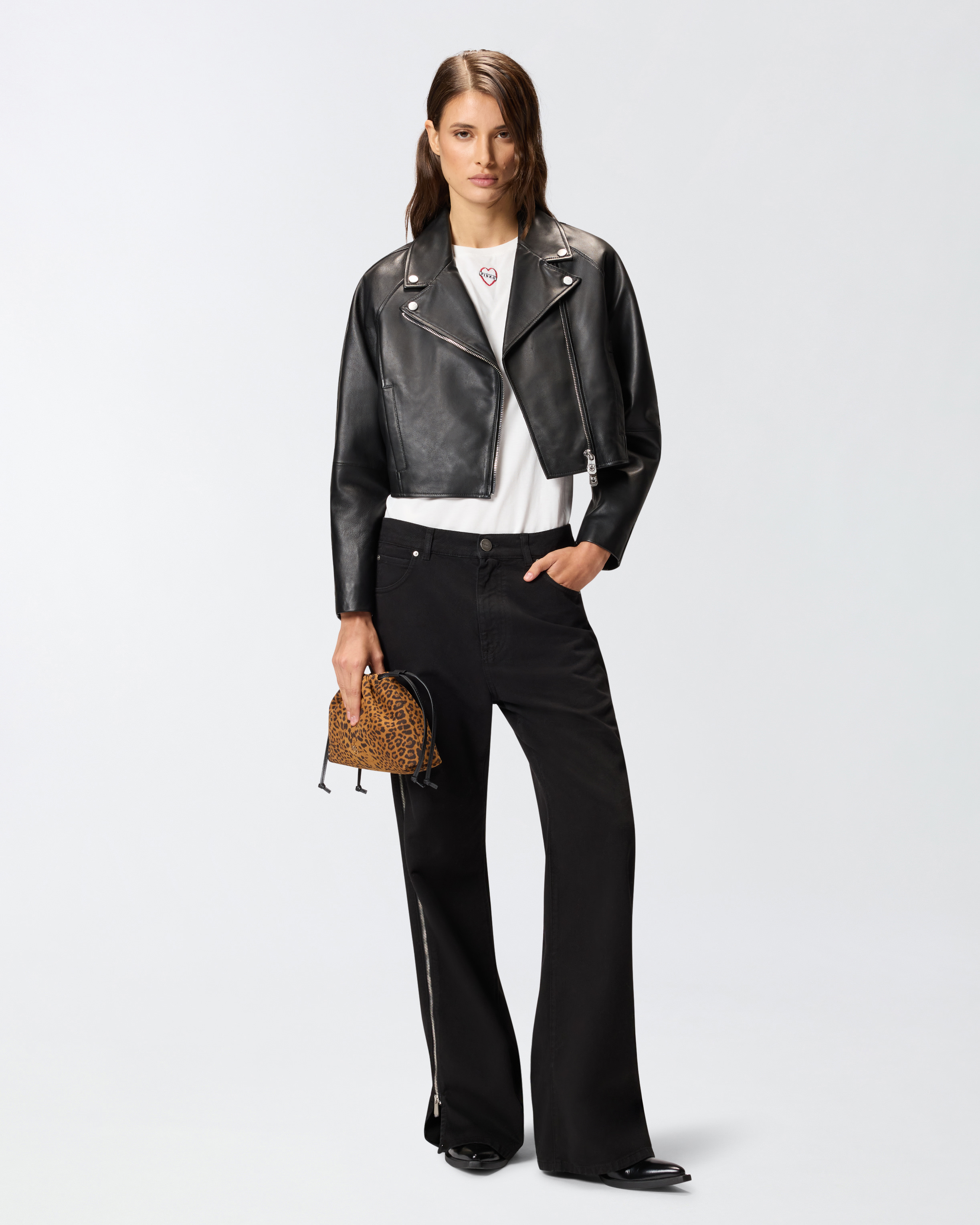 侧面拉链阔腿牛仔裤 0