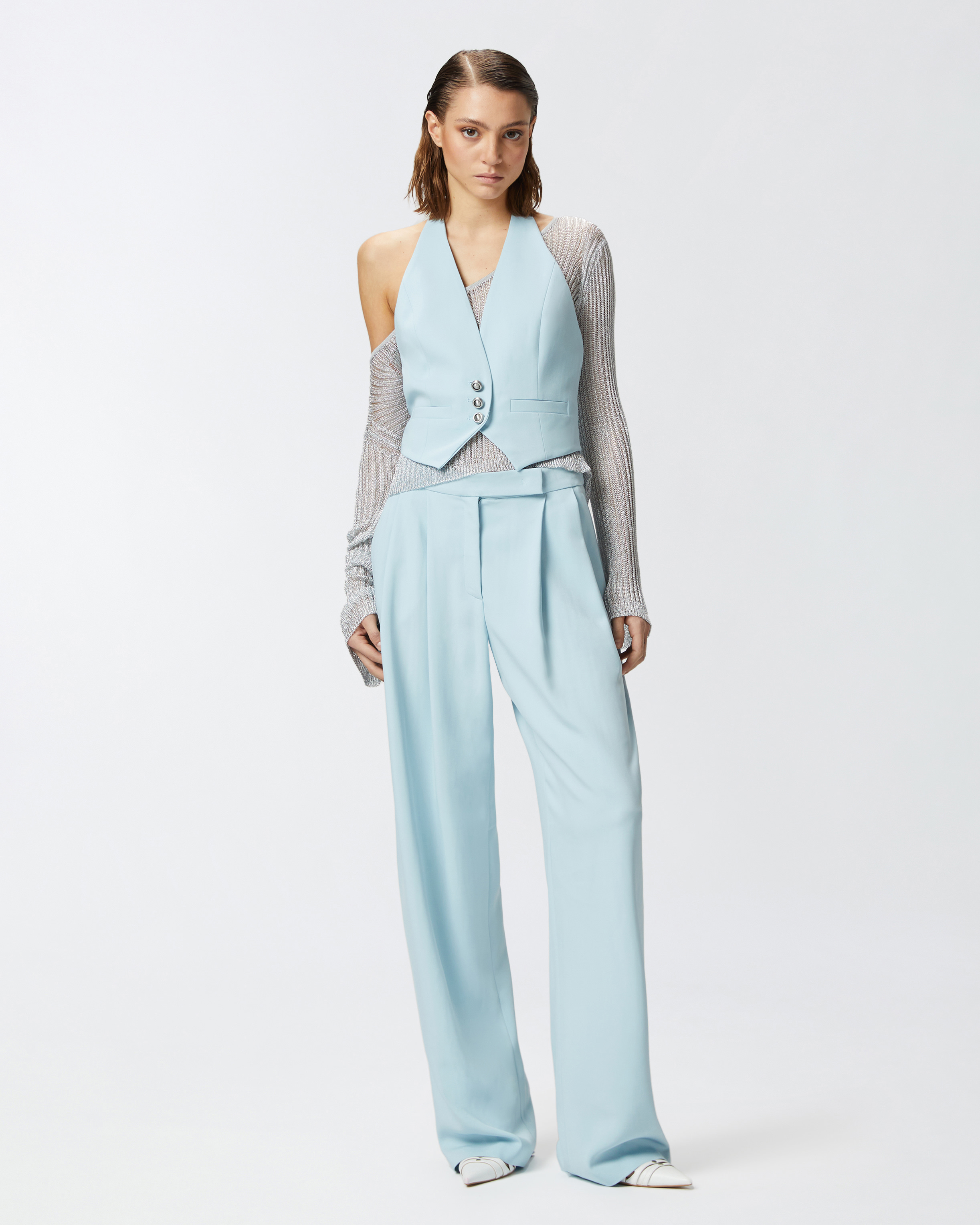 Pinko Light Blue Crop Vest With Halter Neckline And Button Closure In Viscose Woman In Crystal Blue