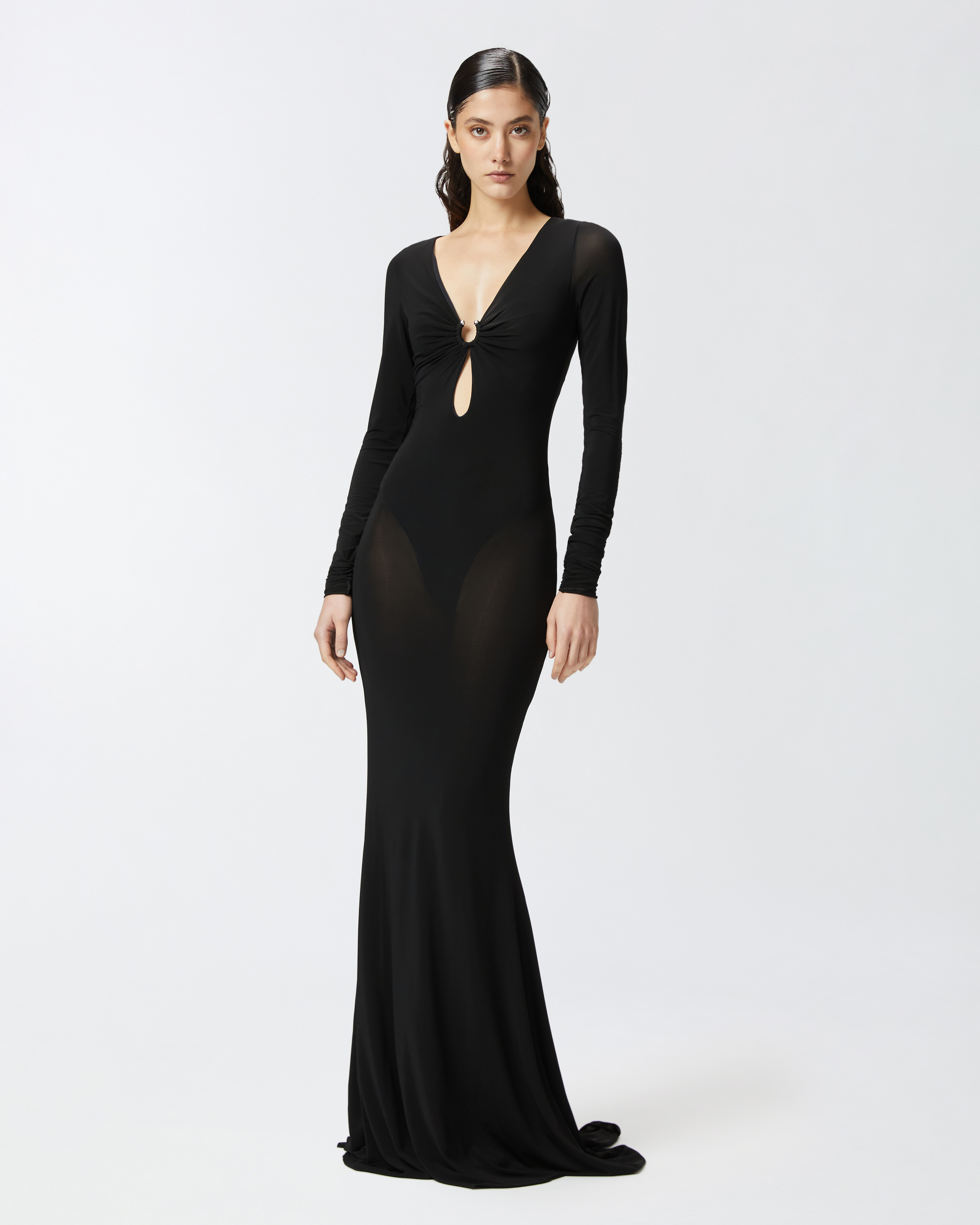 Pinko Elegant Dress With Semi-transparent Skirt And Train In Limo Black