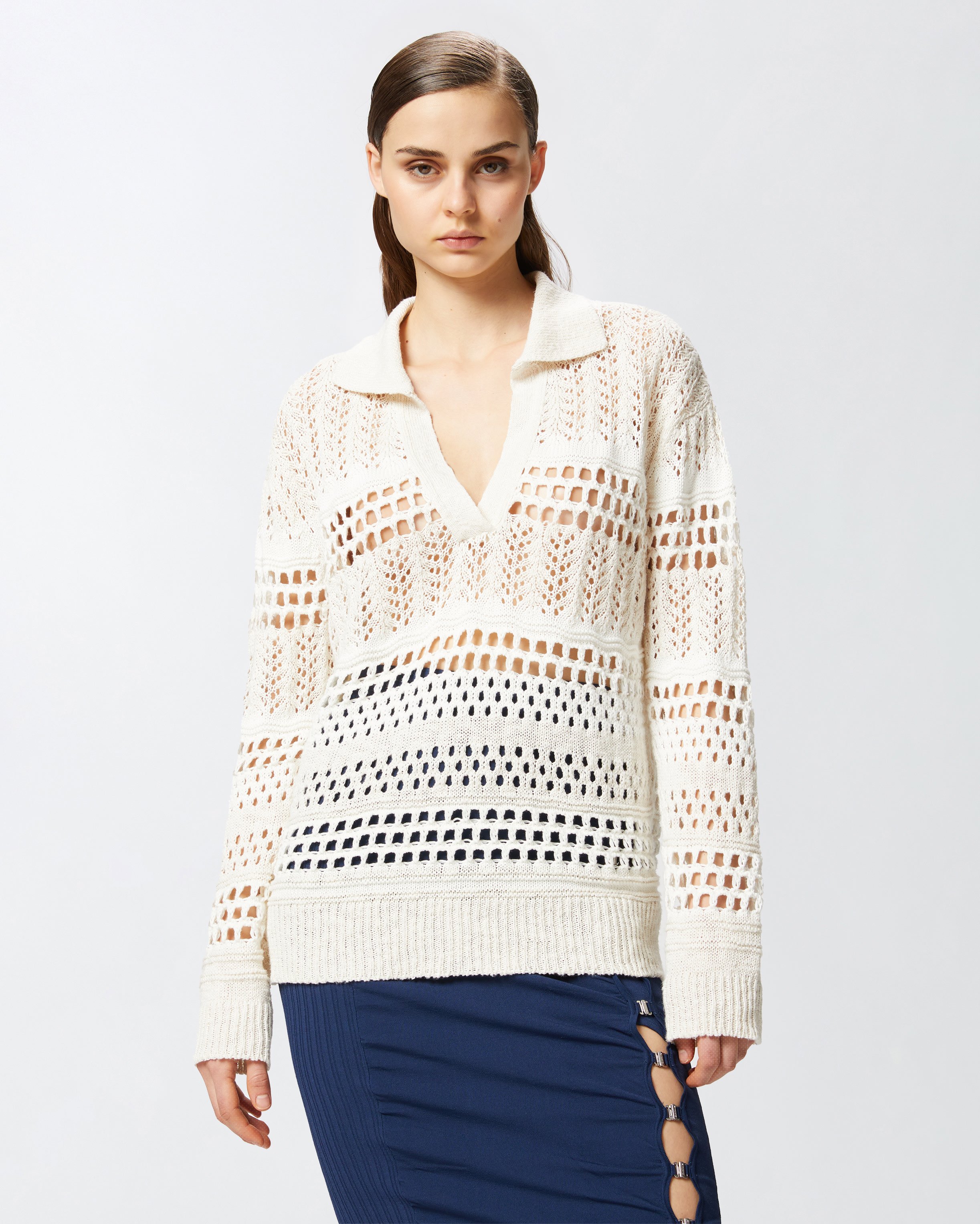 Pinko Perforated Cotton Sweater With Collar In Bianco/bianco