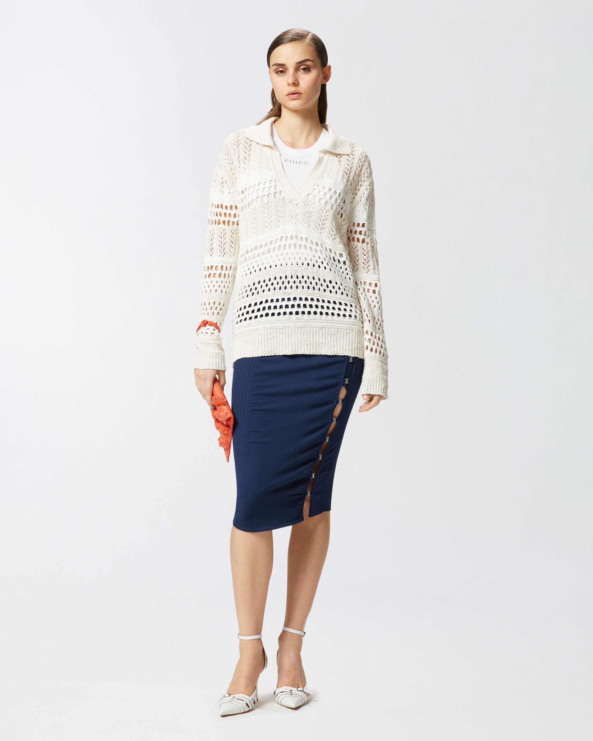 Pinko Perforated Cotton Sweater With Collar In Bianco/bianco