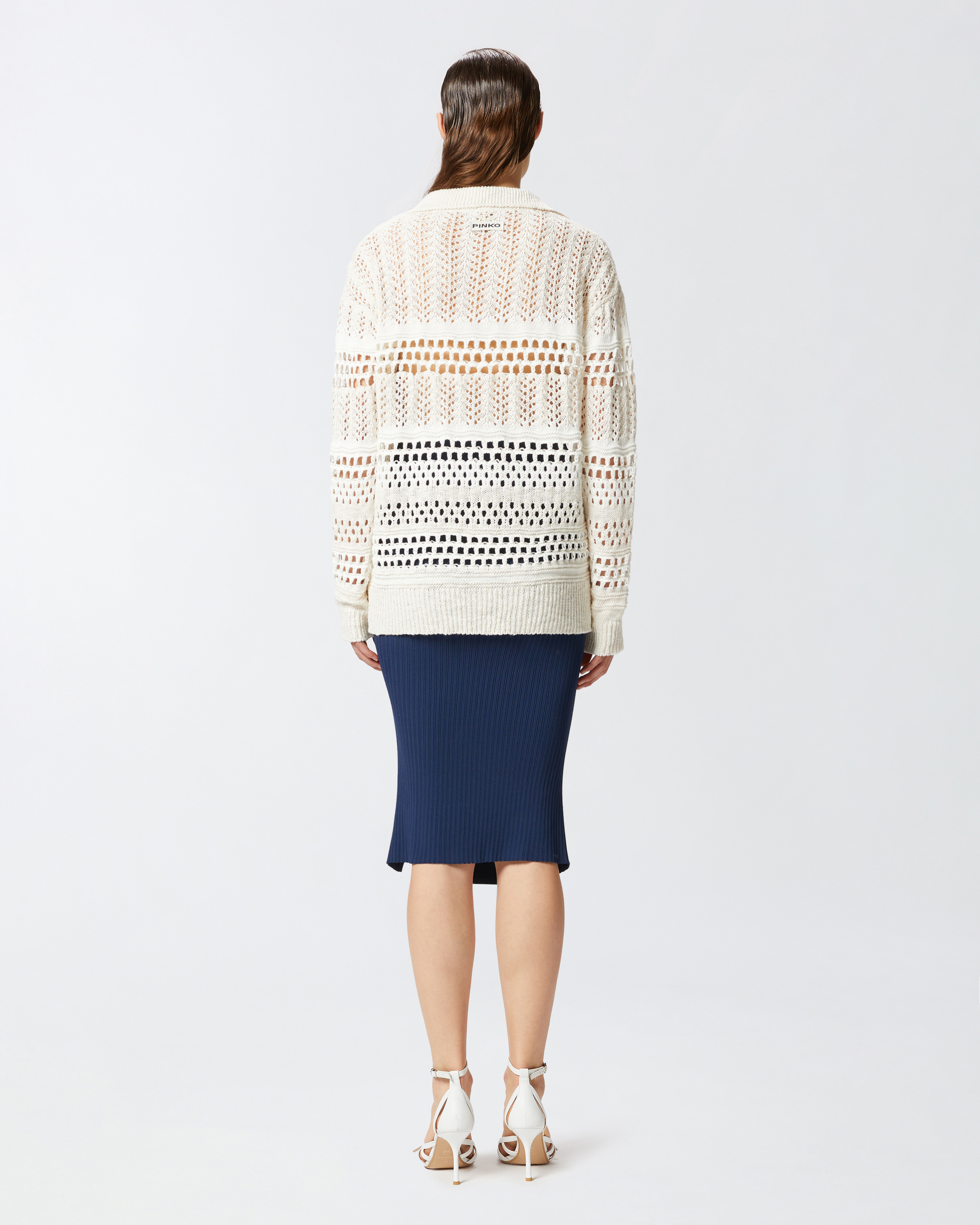 Pinko Perforated Cotton Sweater With Collar In Bianco/bianco