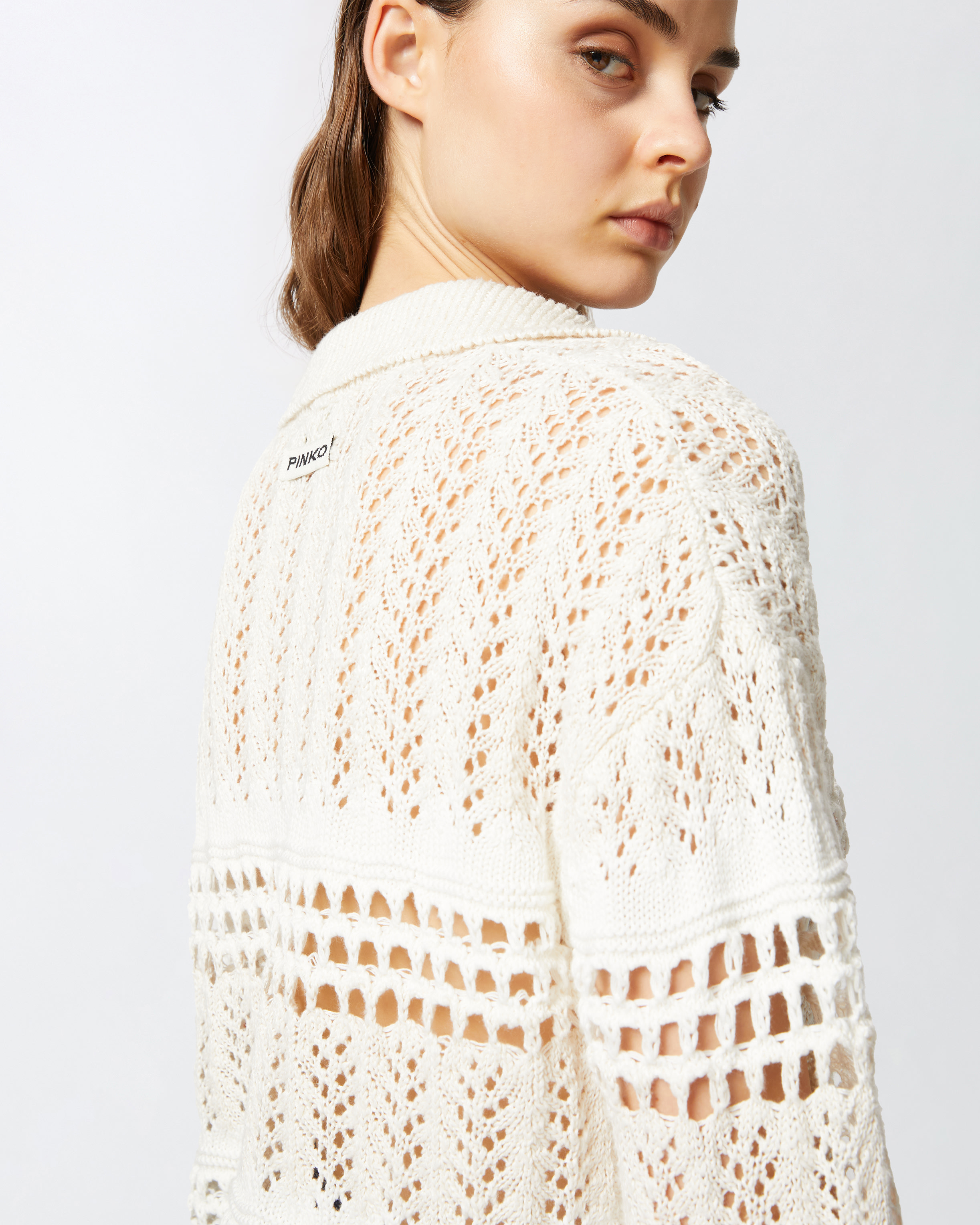 Pinko Perforated Cotton Sweater With Collar In Bianco/bianco