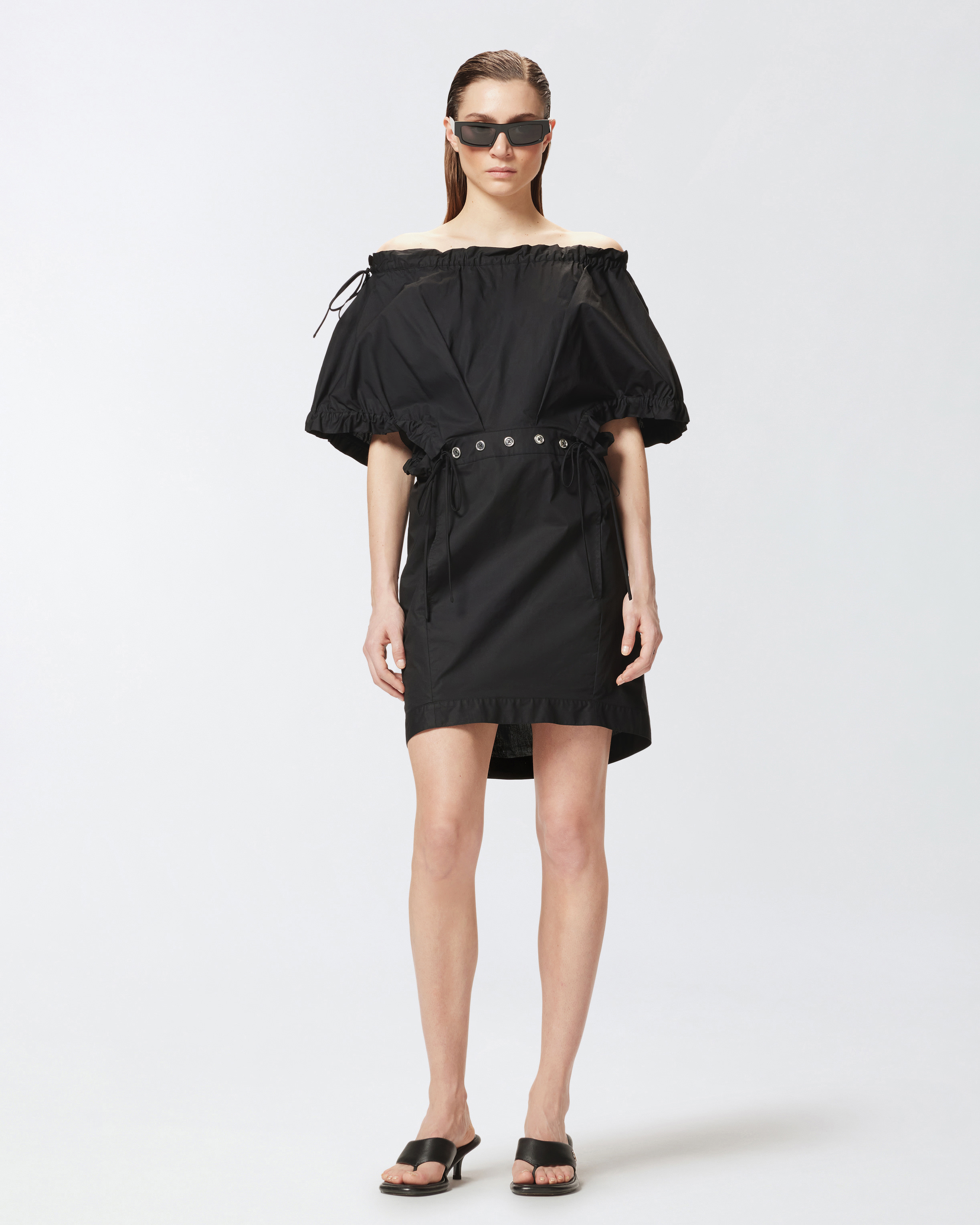 Pinko Poplin Mini Dress With Gathering And Eyelets In Noir Limousine