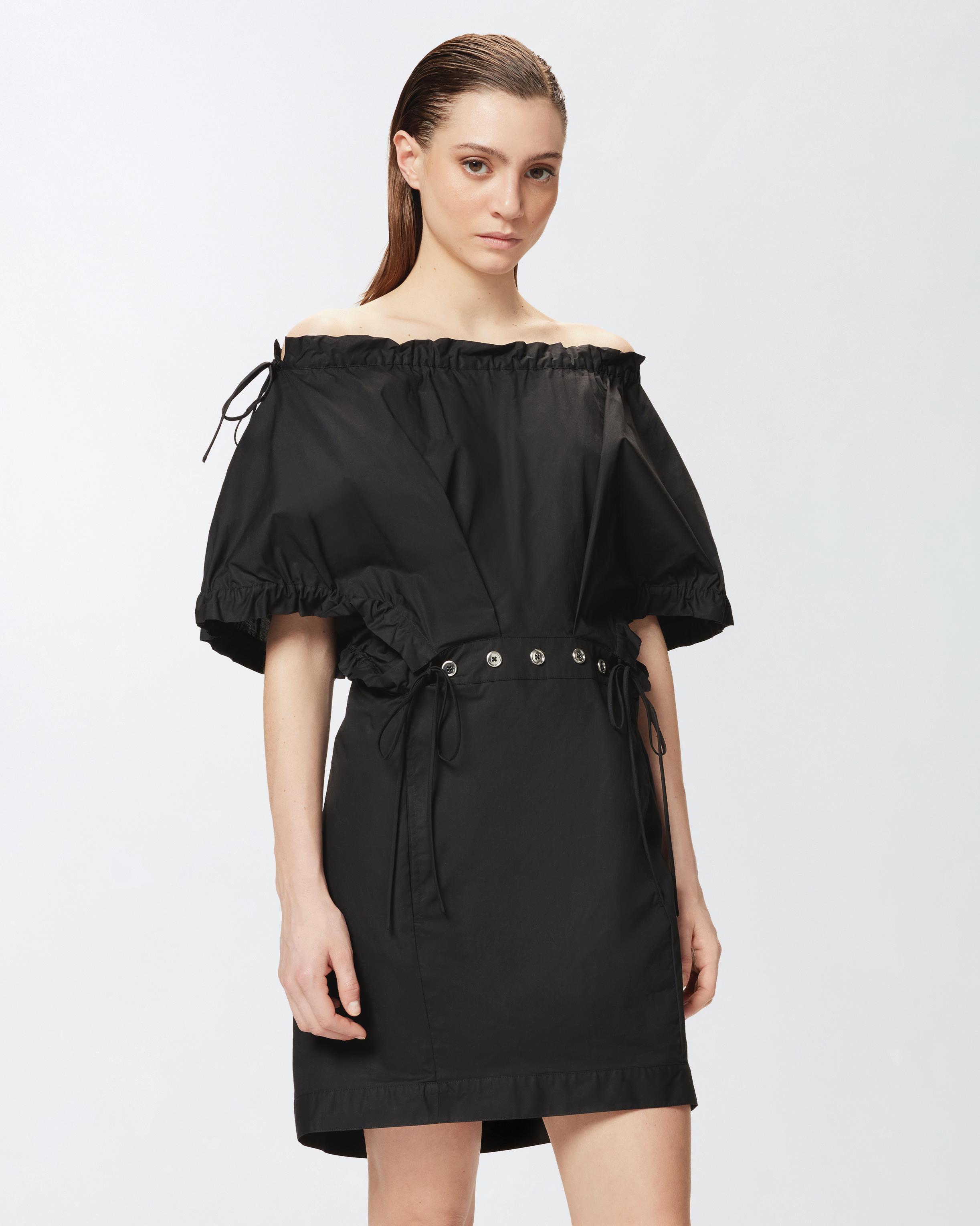 Pinko Poplin Mini Dress With Gathering And Eyelets In Noir Limousine