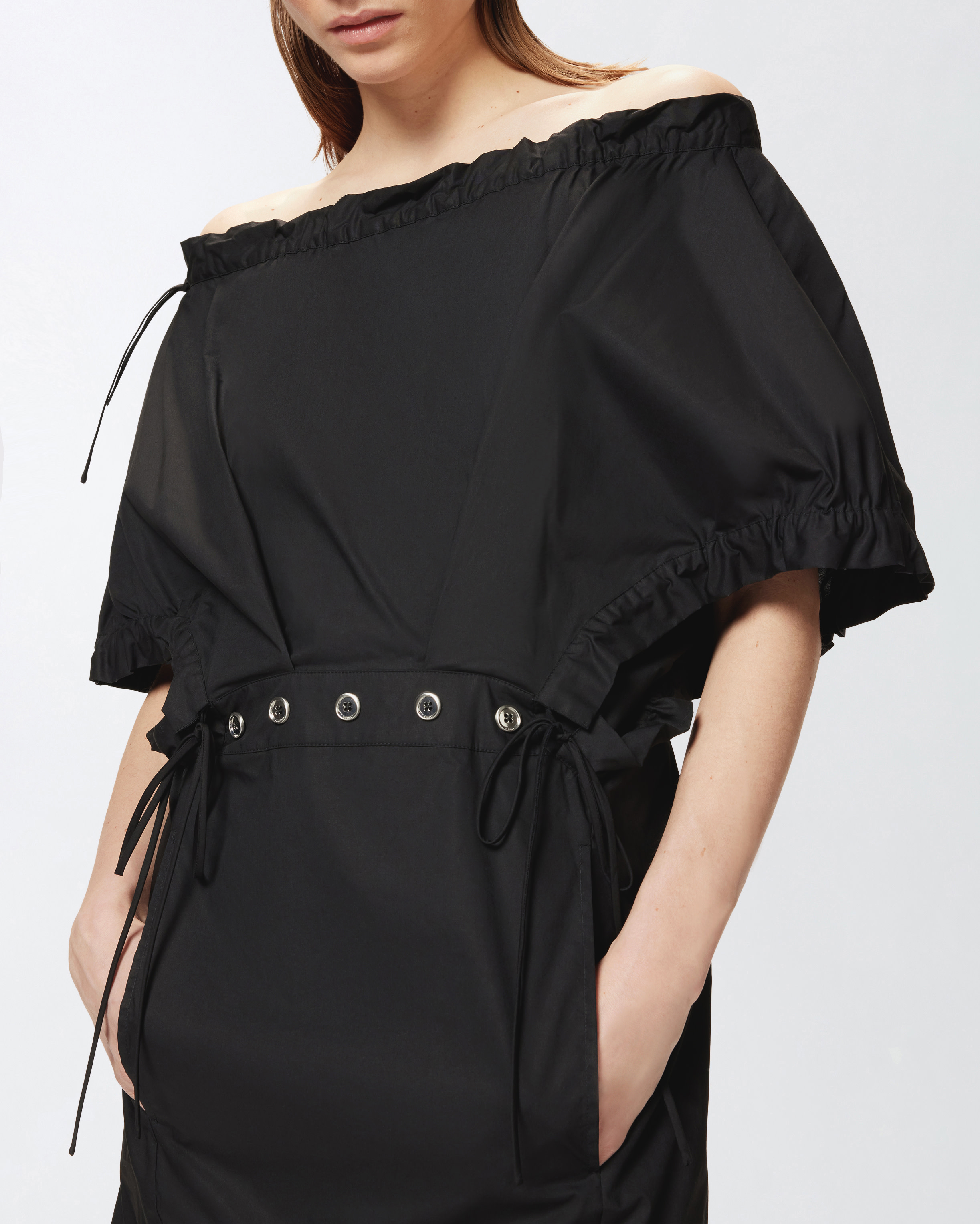 Pinko Poplin Mini Dress With Gathering And Eyelets In Noir Limousine