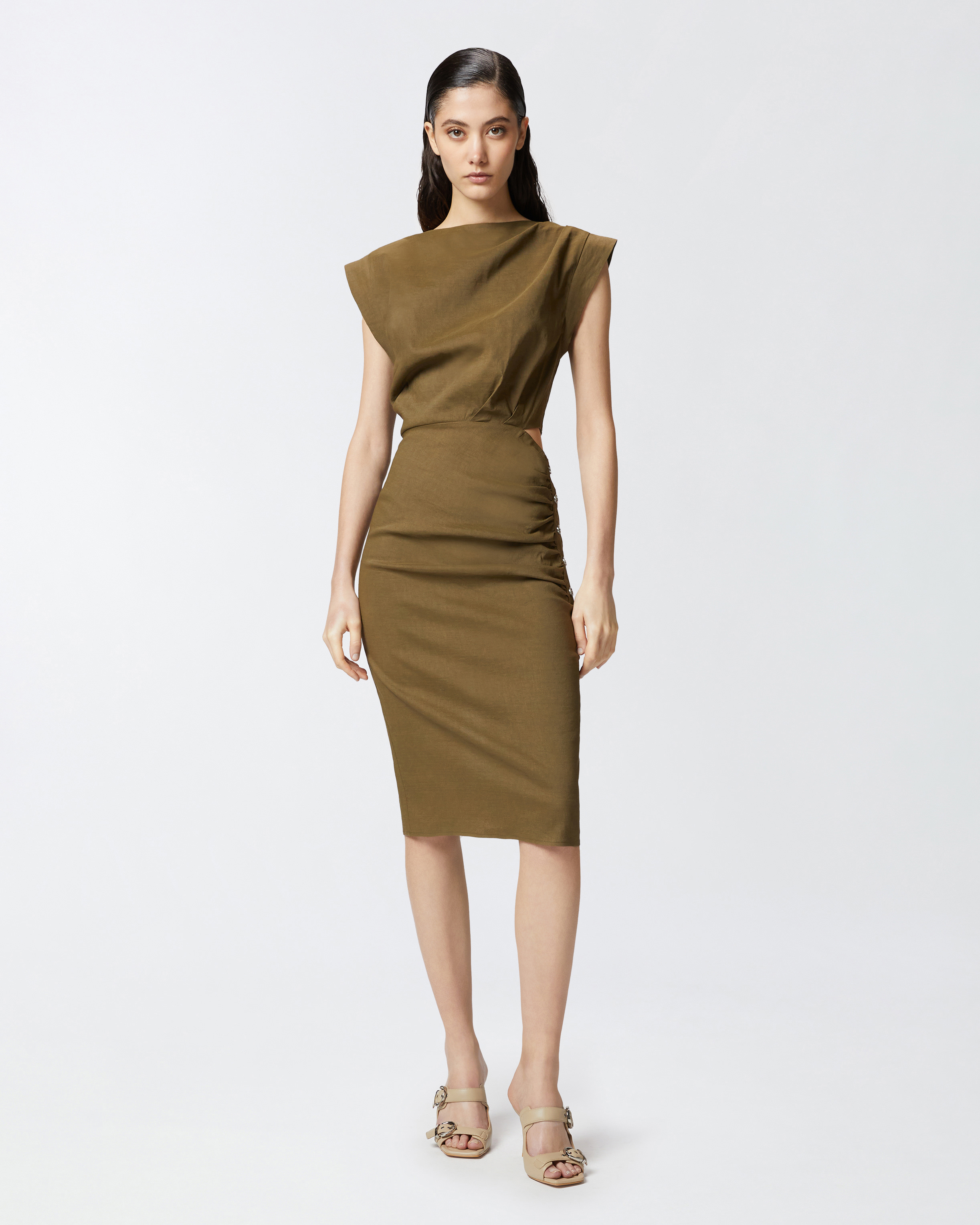 Pinko Cap-sleeve Dress In Olive Militaire