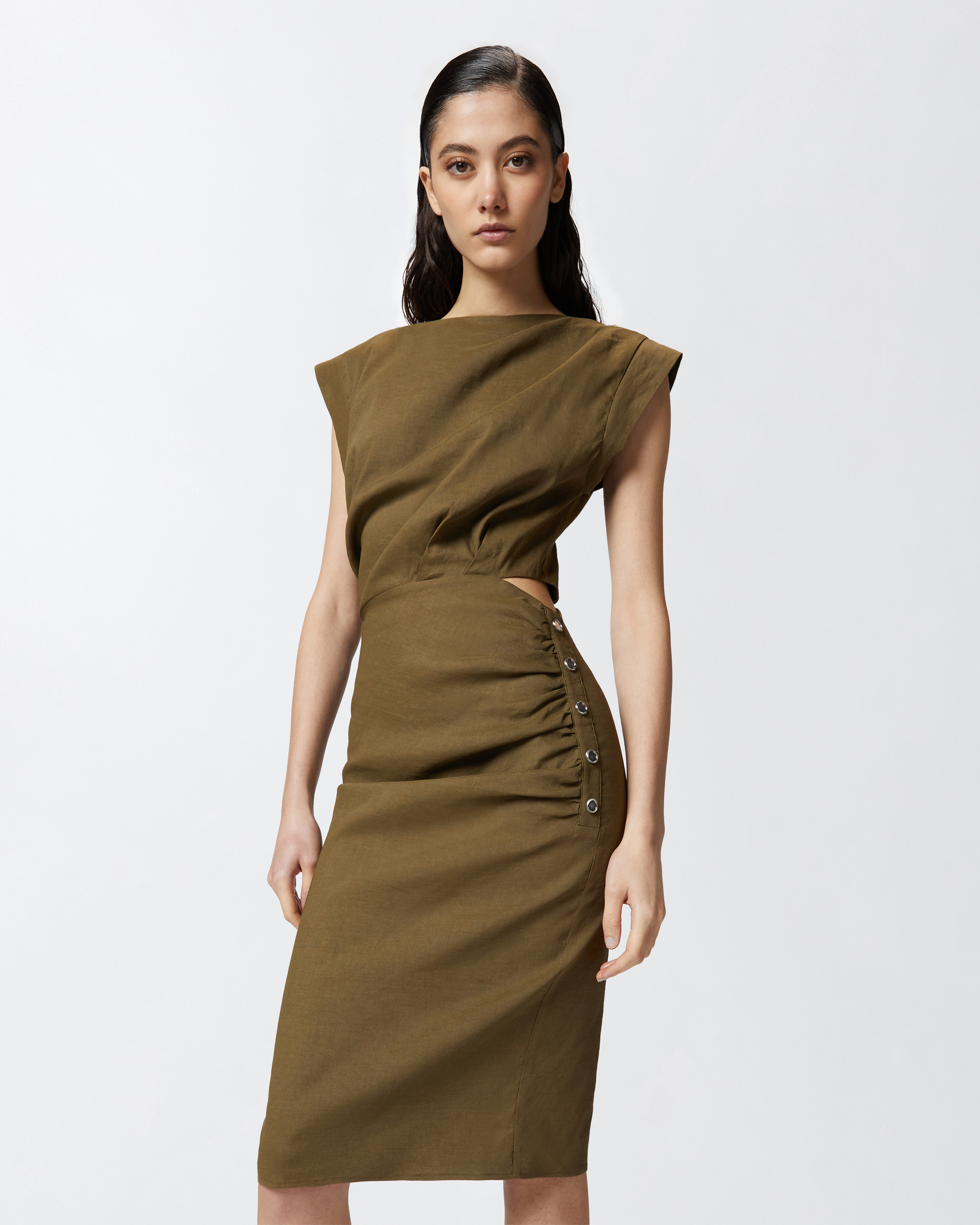 Pinko Cap-sleeve Dress In Olive Militaire