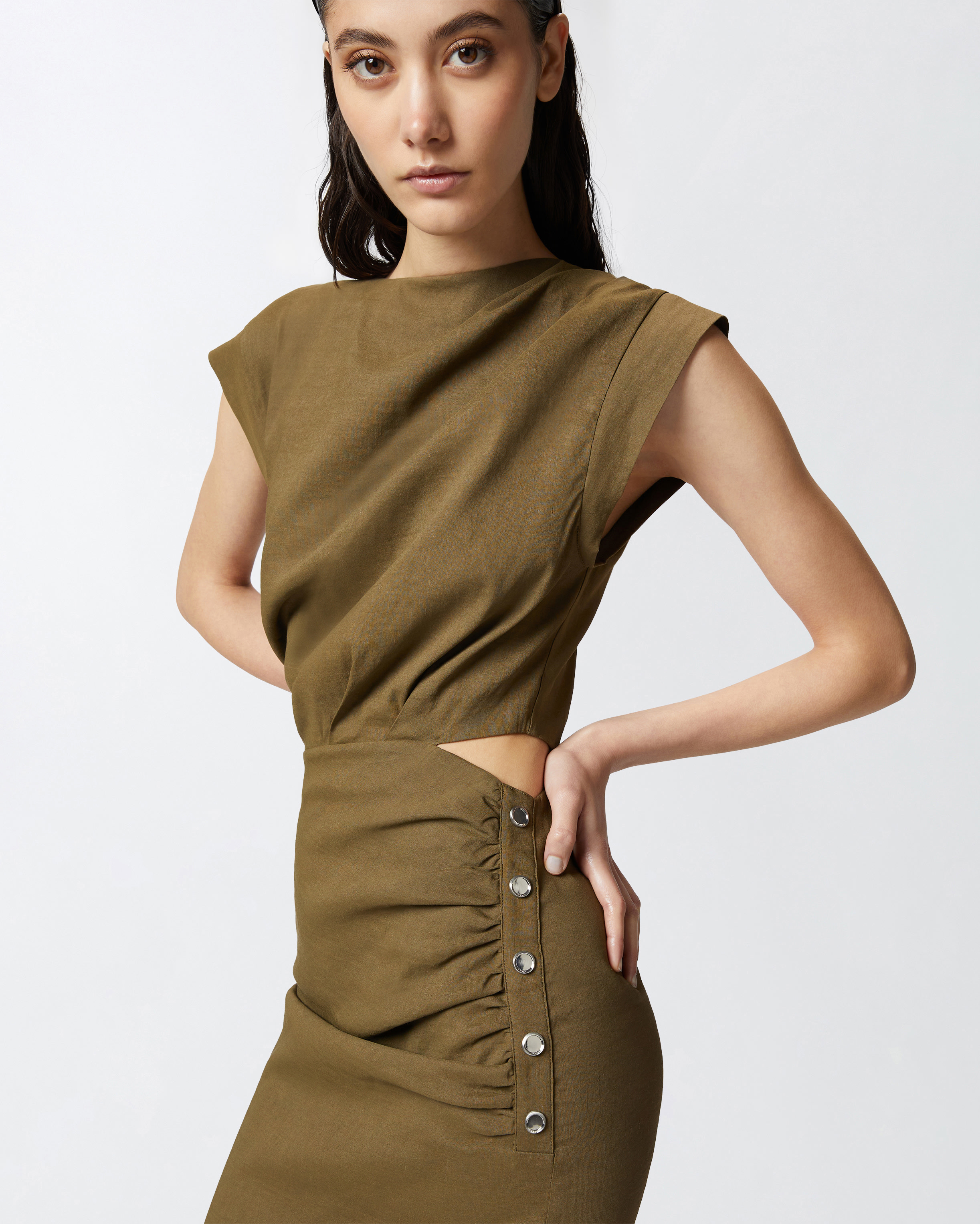 Pinko Cap-sleeve Dress In Olive Militaire