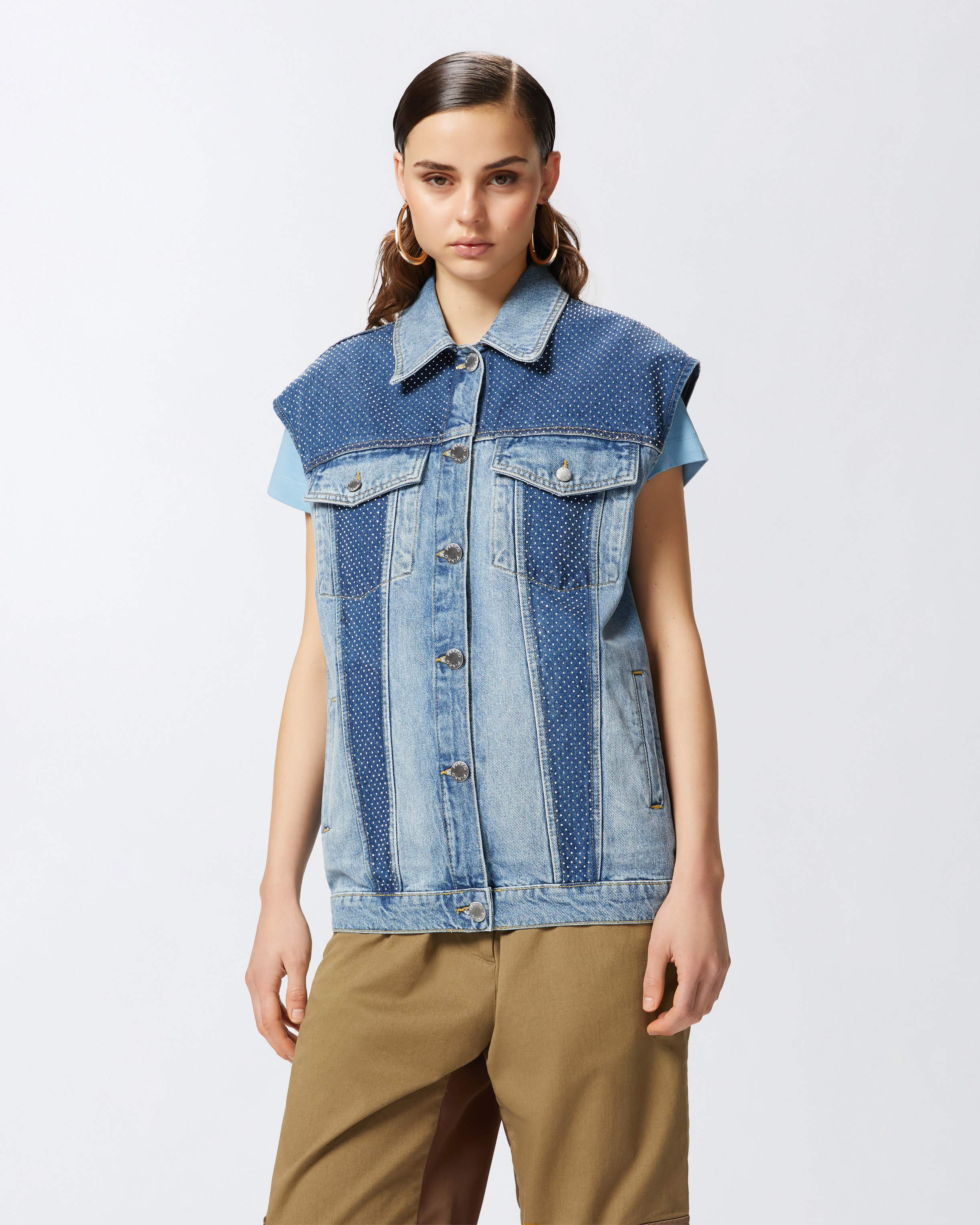 Pinko Sleeveless Denim Jacket With Mini Studs In Mid Wash