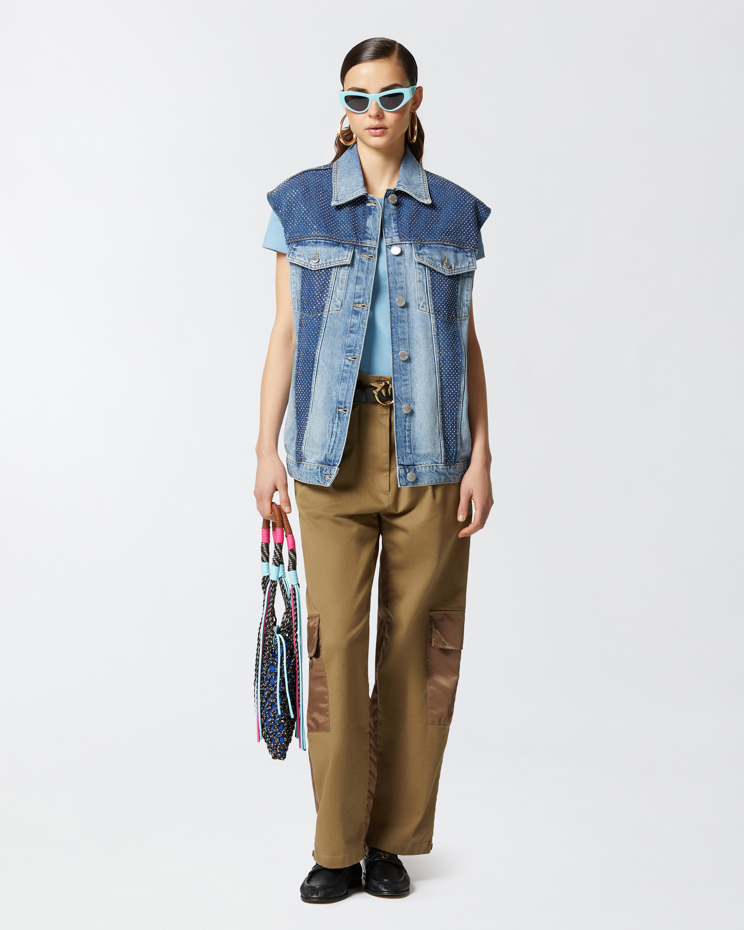 Pinko Sleeveless Denim Jacket With Mini Studs In Mid Wash