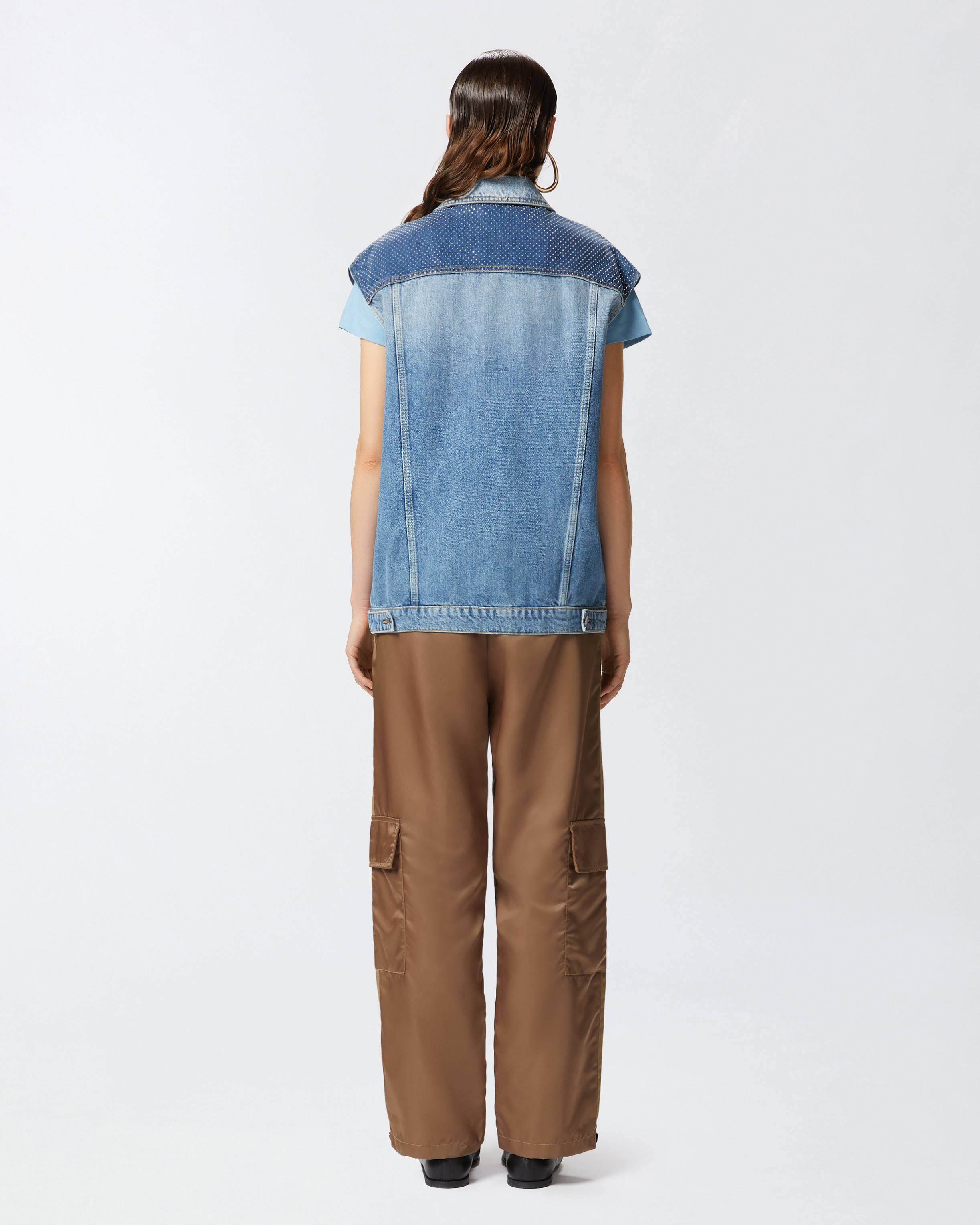 Pinko Sleeveless Denim Jacket With Mini Studs In Mid Wash