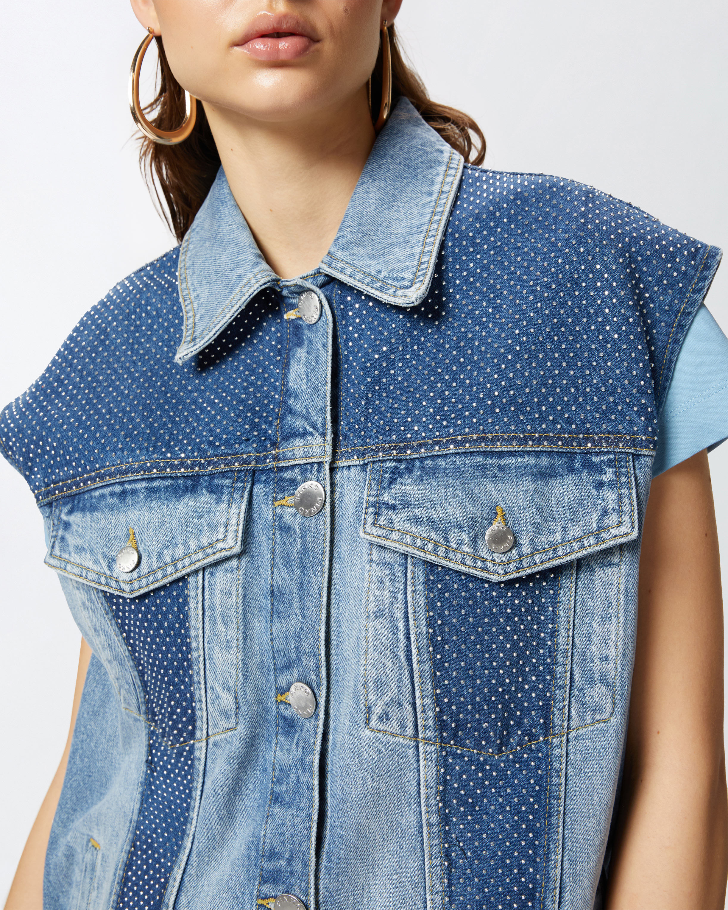 Pinko Sleeveless Denim Jacket With Mini Studs In Mid Wash