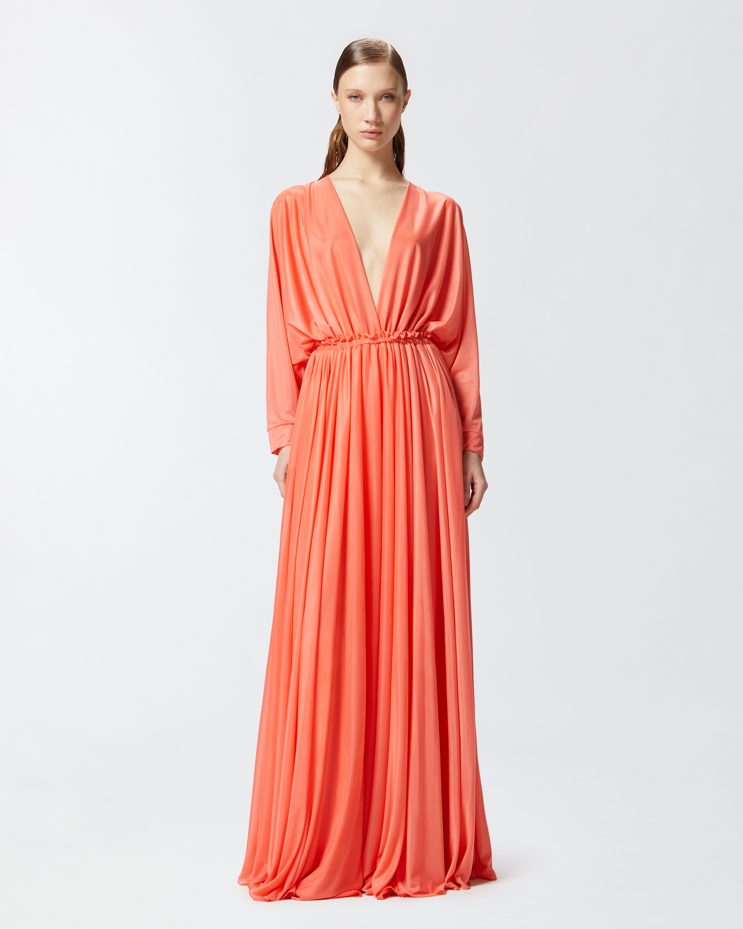 Pinko Orange Long Dress With Deep V-neck And Cut-out On The Back In Corail Des Abysses