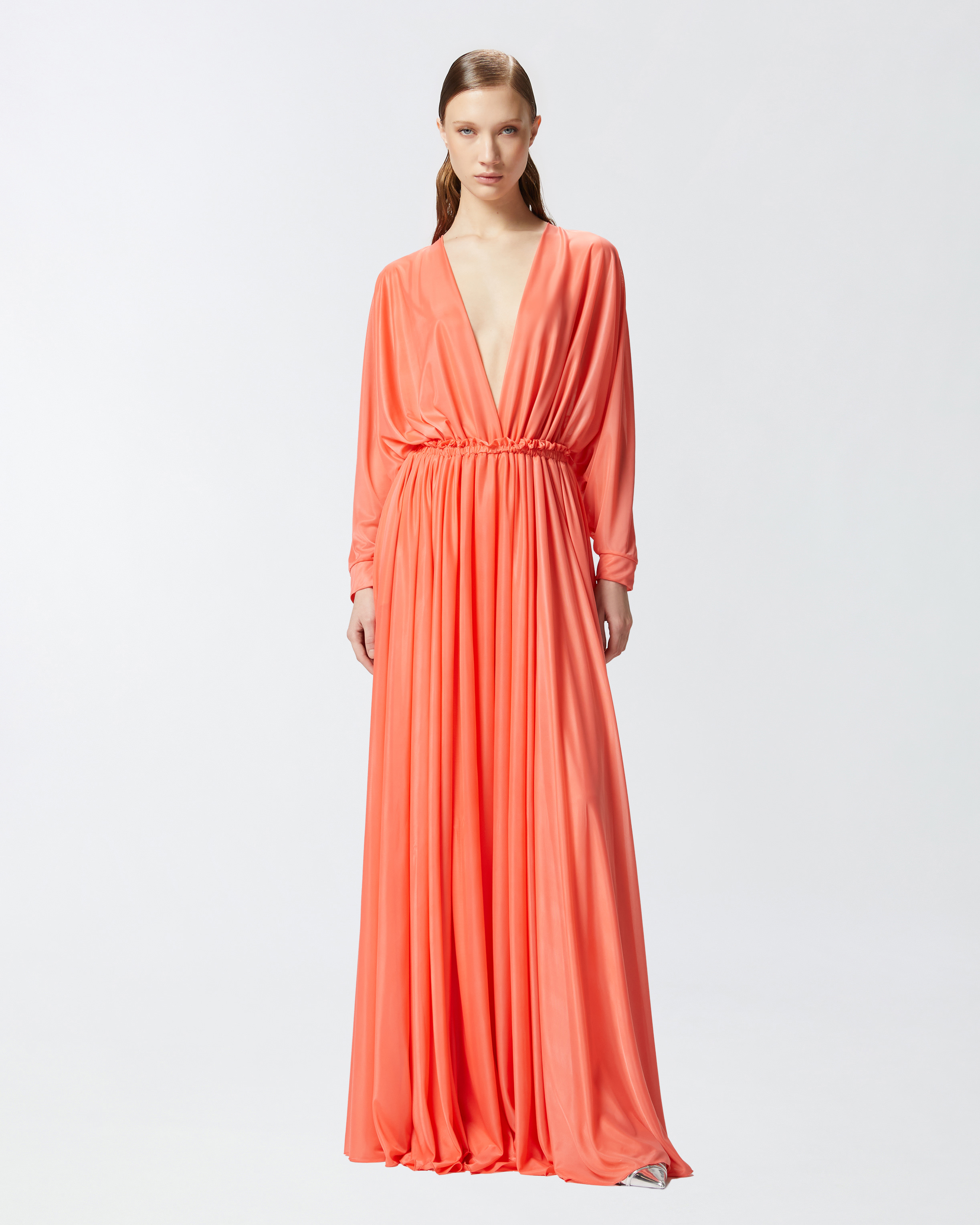 Pinko Orange Long Dress With Deep V-neck And Cut-out On The Back In Corail Des Abysses