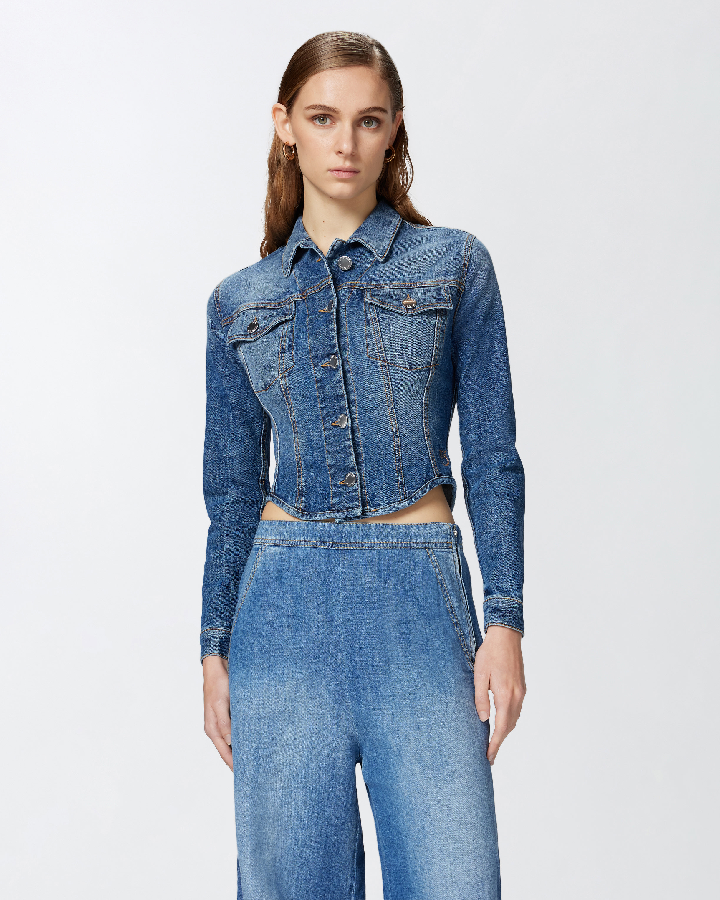 Pinko Indigo Denim Bustier Jacket In Medium Dark Vintage Wash
