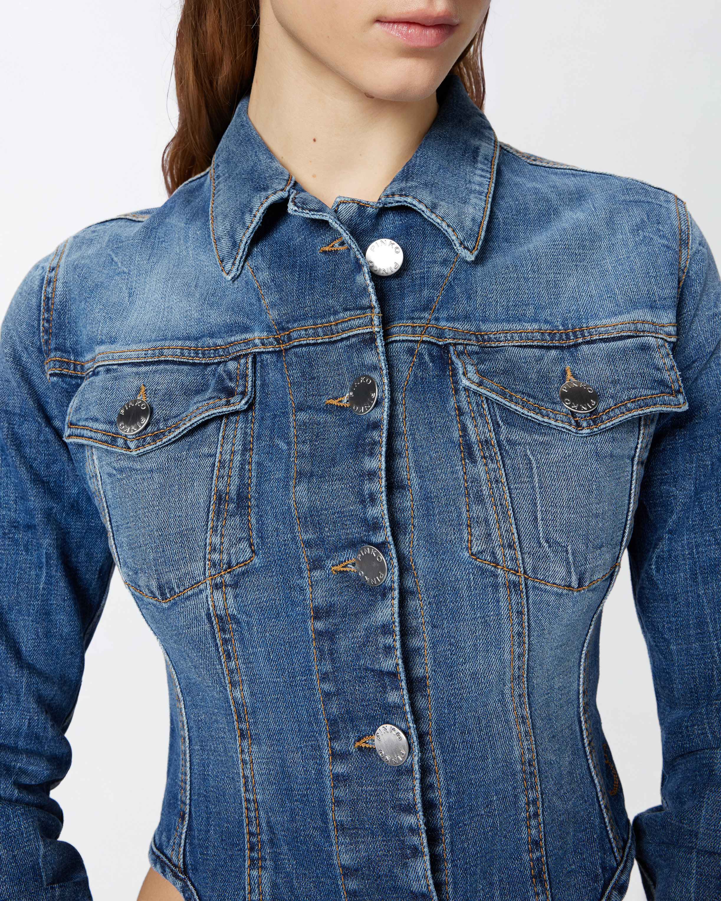 Pinko Indigo Denim Bustier Jacket In Medium Dark Vintage Wash