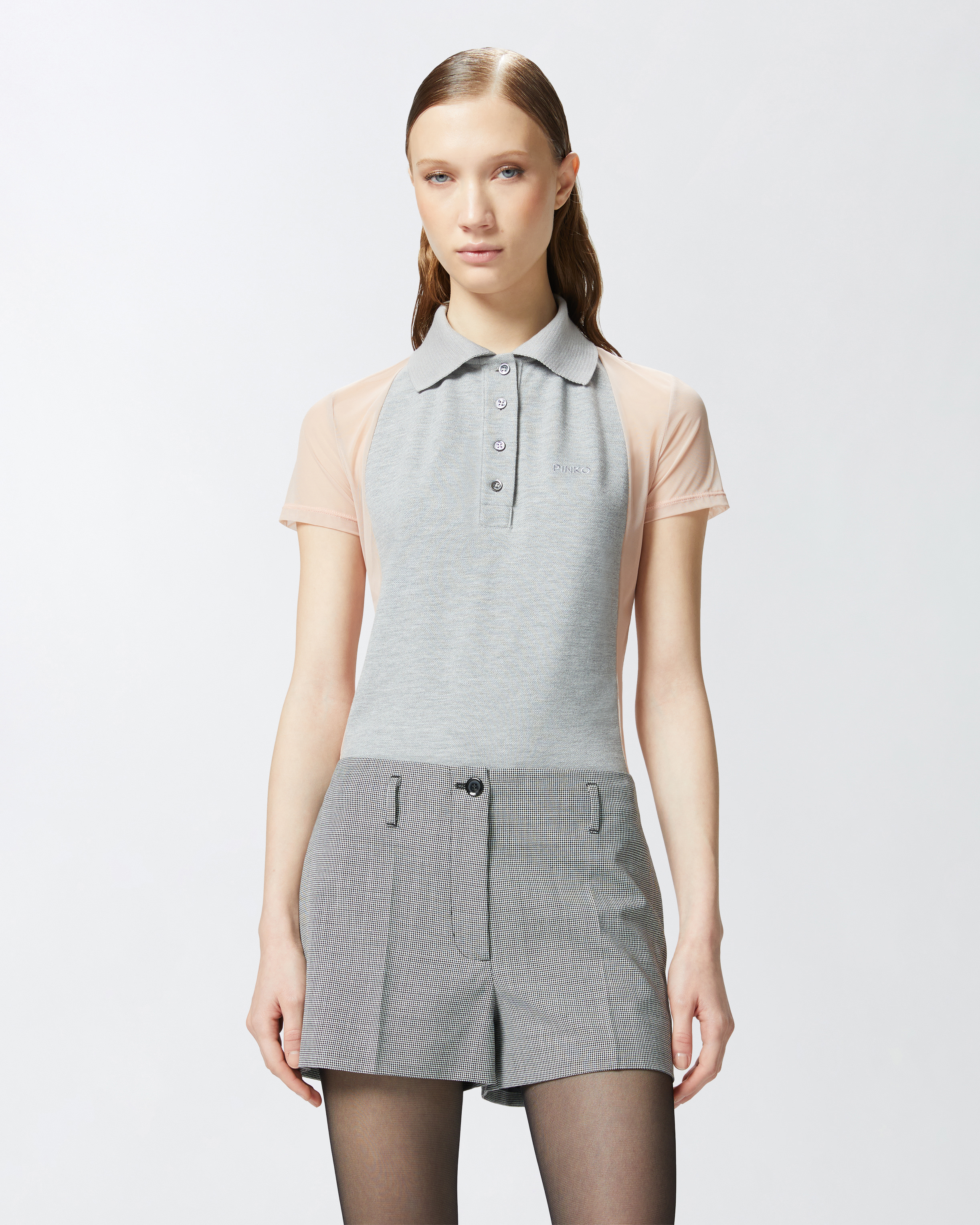 Pinko Tulle And Cotton Polo T-shirt With Mini Logo Embroidery In Mel Grey/nude
