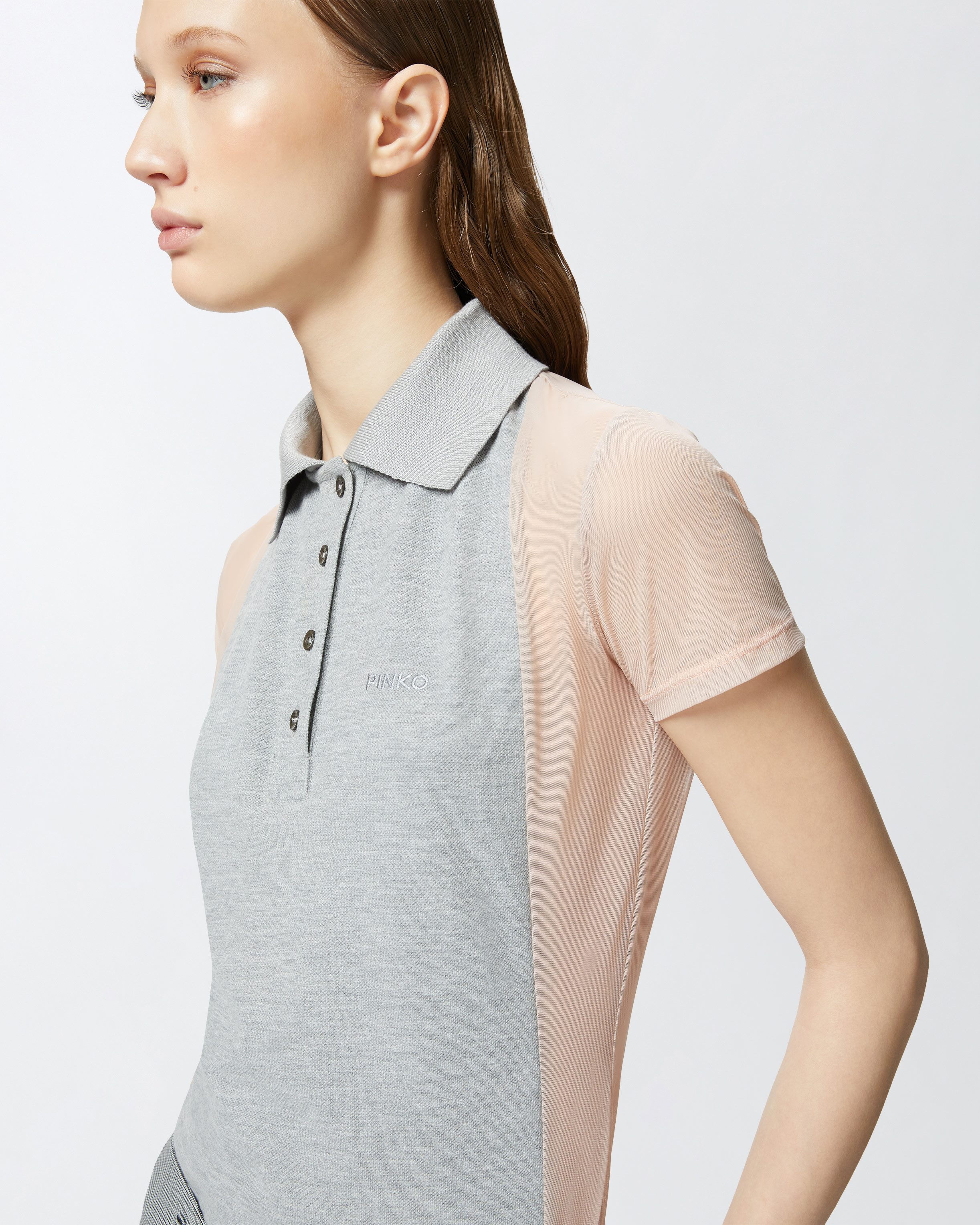 Pinko Tulle And Cotton Polo T-shirt With Mini Logo Embroidery In Mel Grey/nude