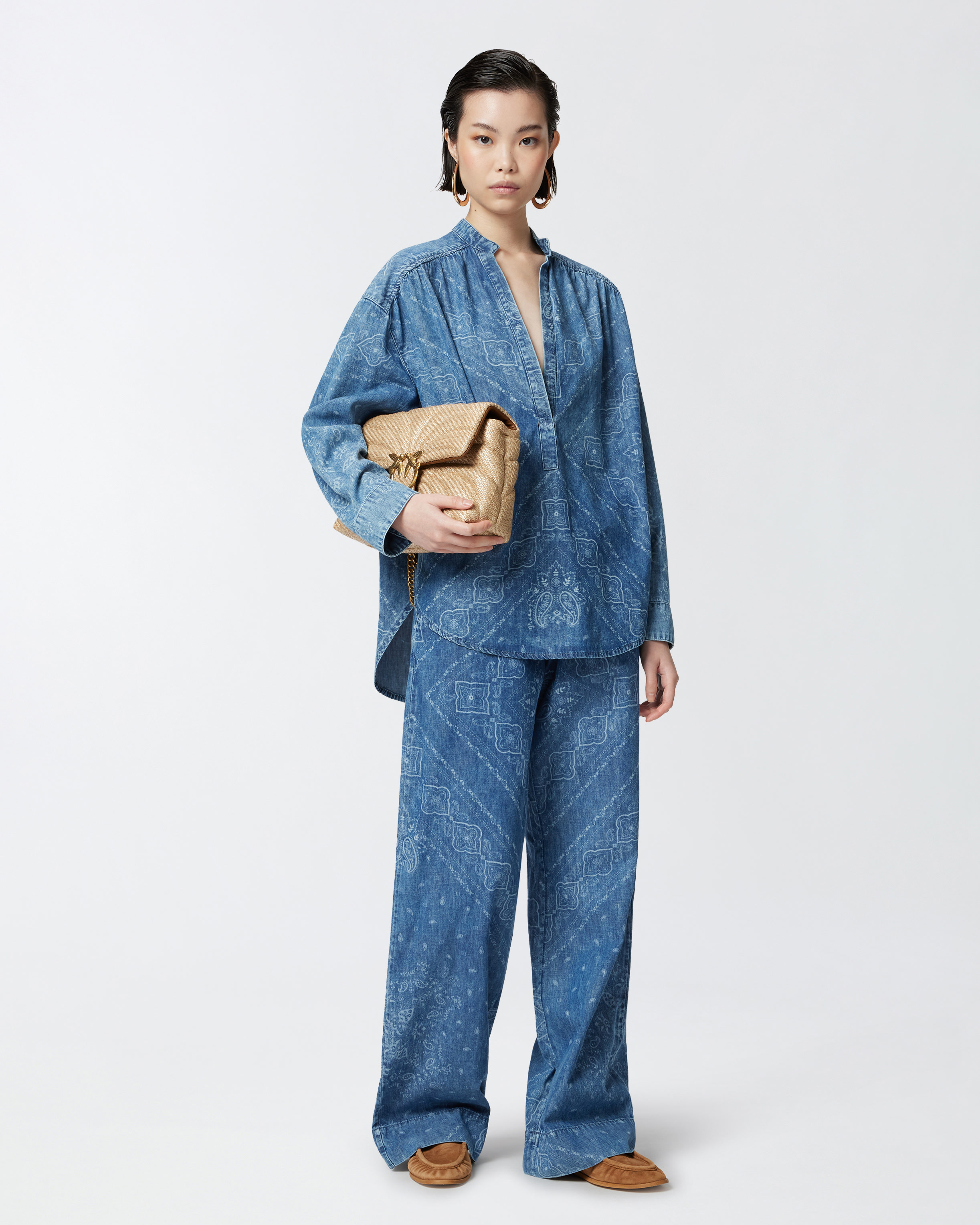 Pinko Loose Trousers In Light Denim Bandana Print In Lavaggio Chiaro