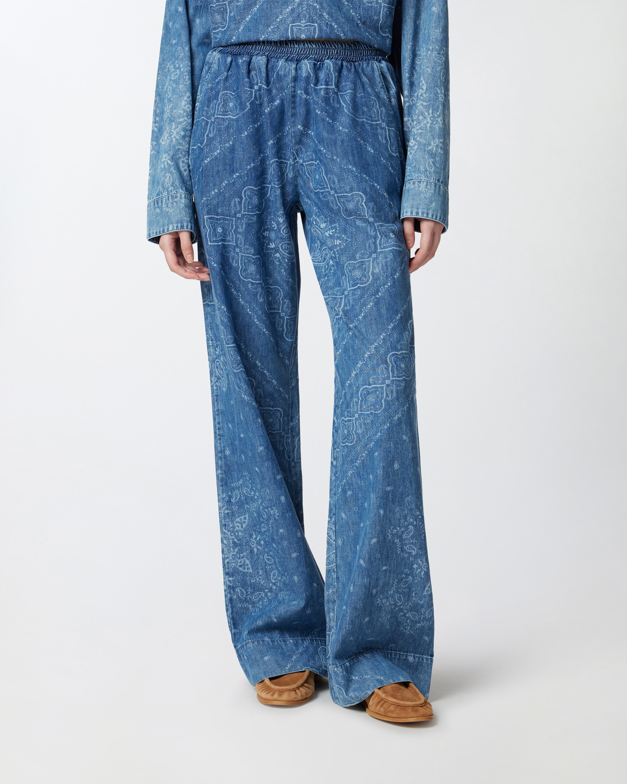 Pinko Loose Trousers In Light Denim Bandana Print In Lavaggio Chiaro