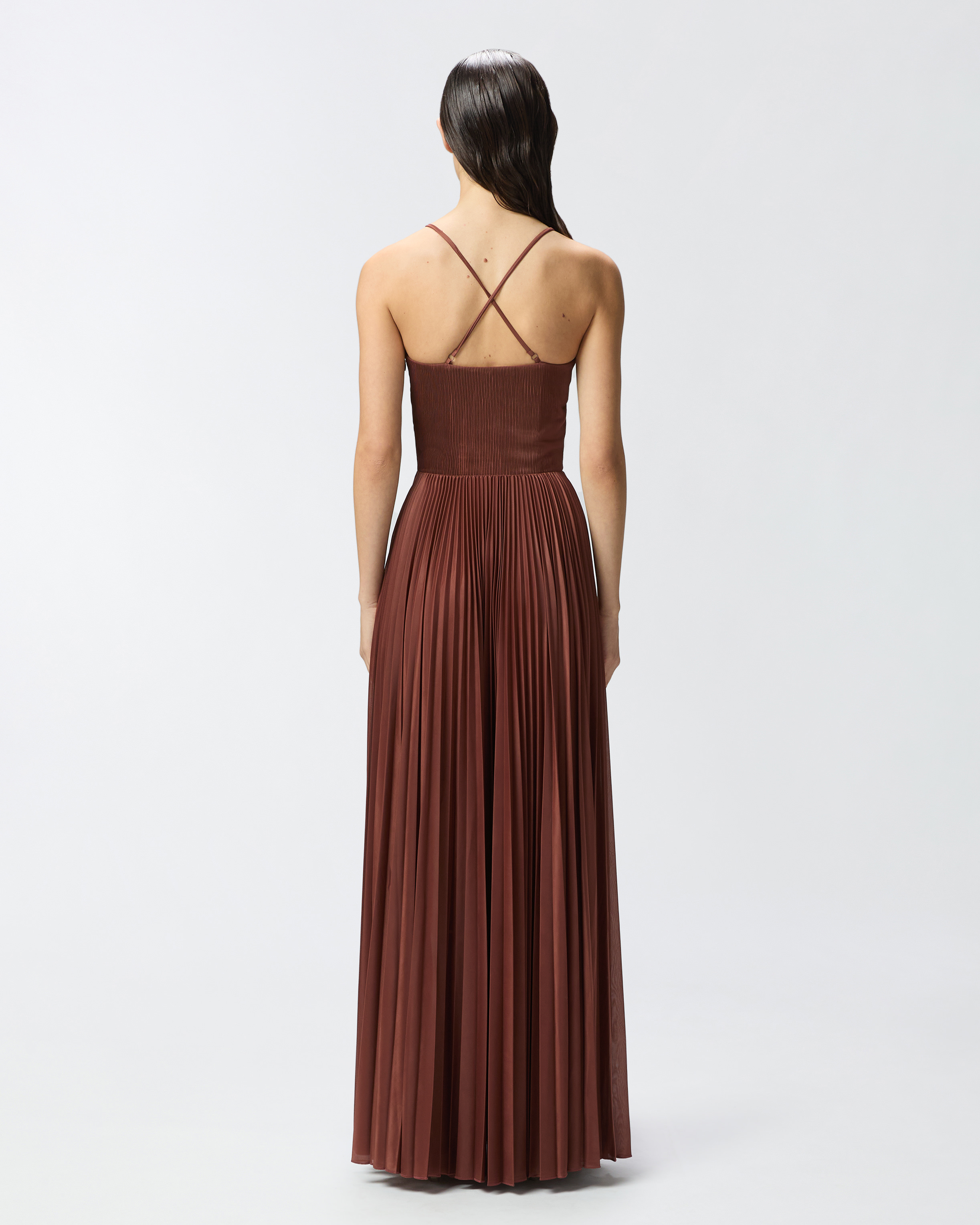 Pinko Plissé Maxi Dress In Cannella