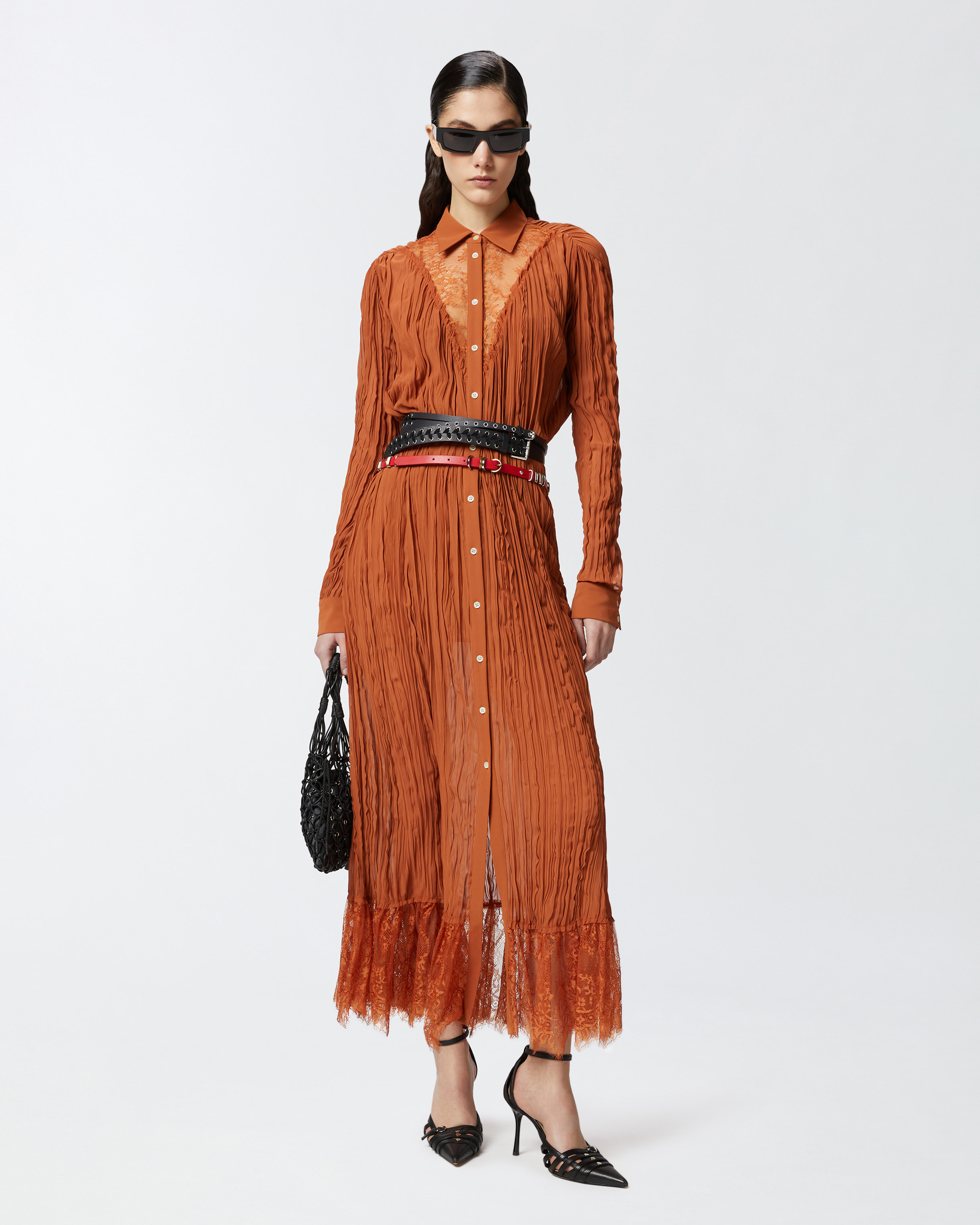Pinko Long Shirt Dress With Lace Detailing In Tan Brown