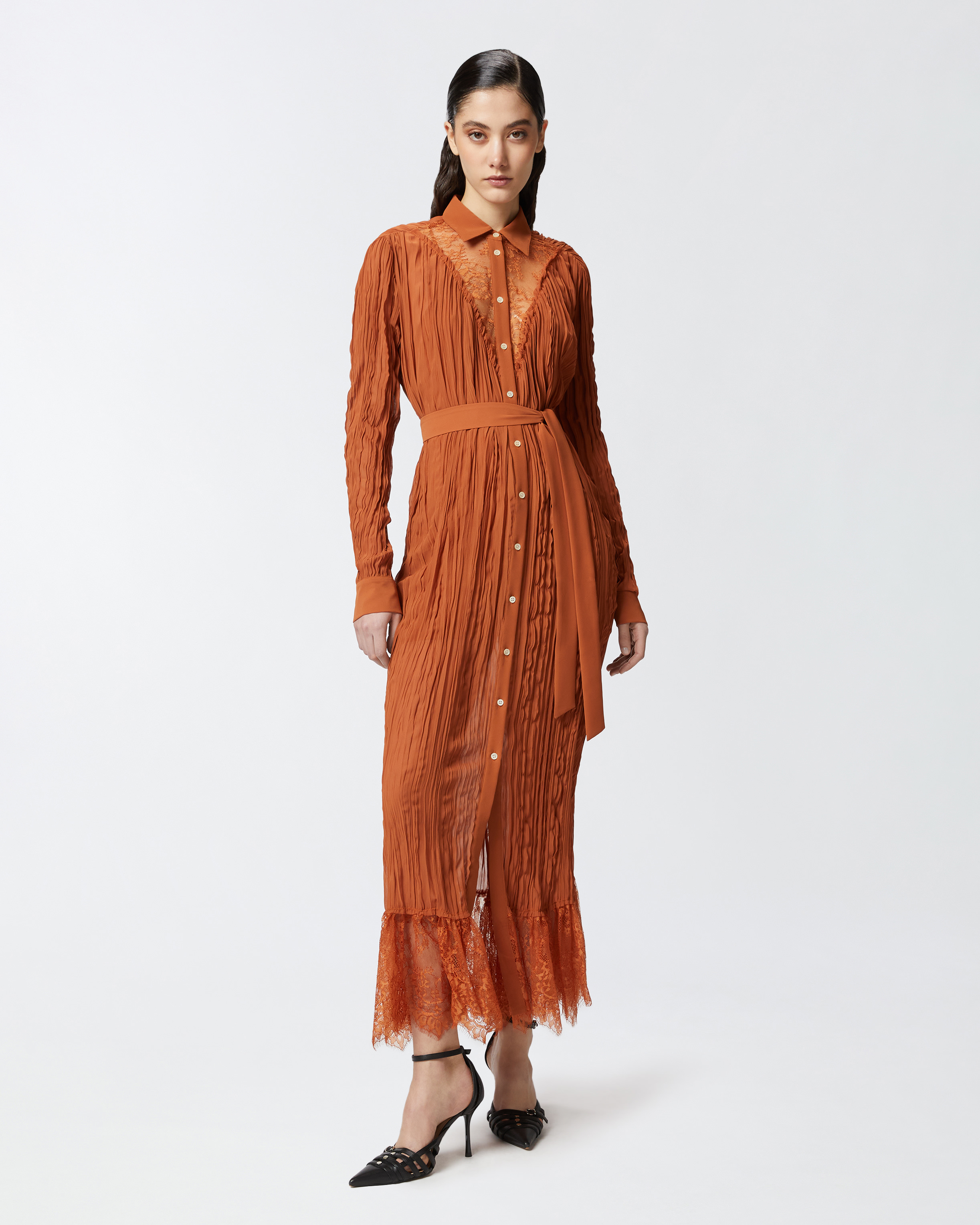 Pinko Long Shirt Dress With Lace Detailing In Tan Brown