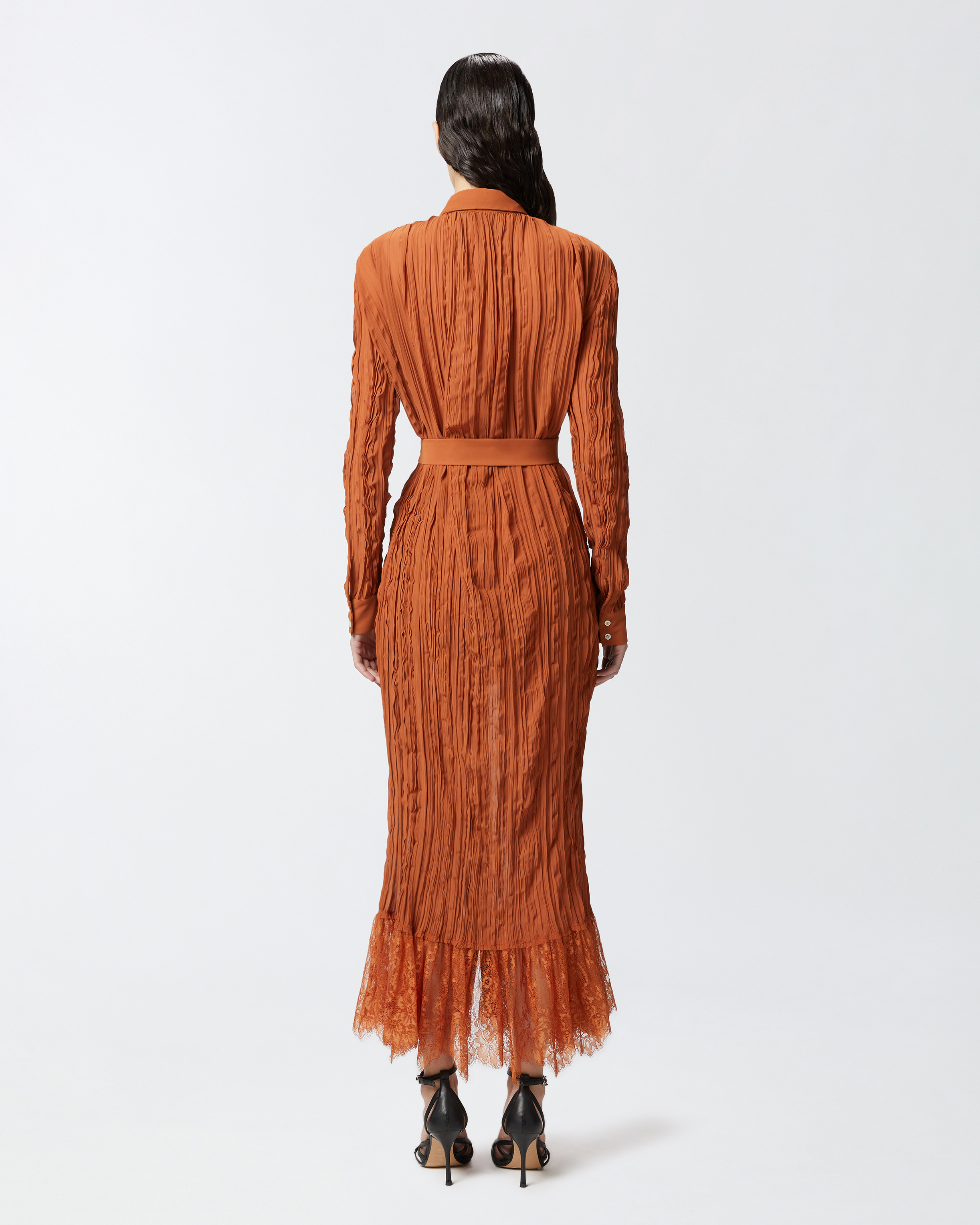 Pinko Long Shirt Dress With Lace Detailing In Tan Brown