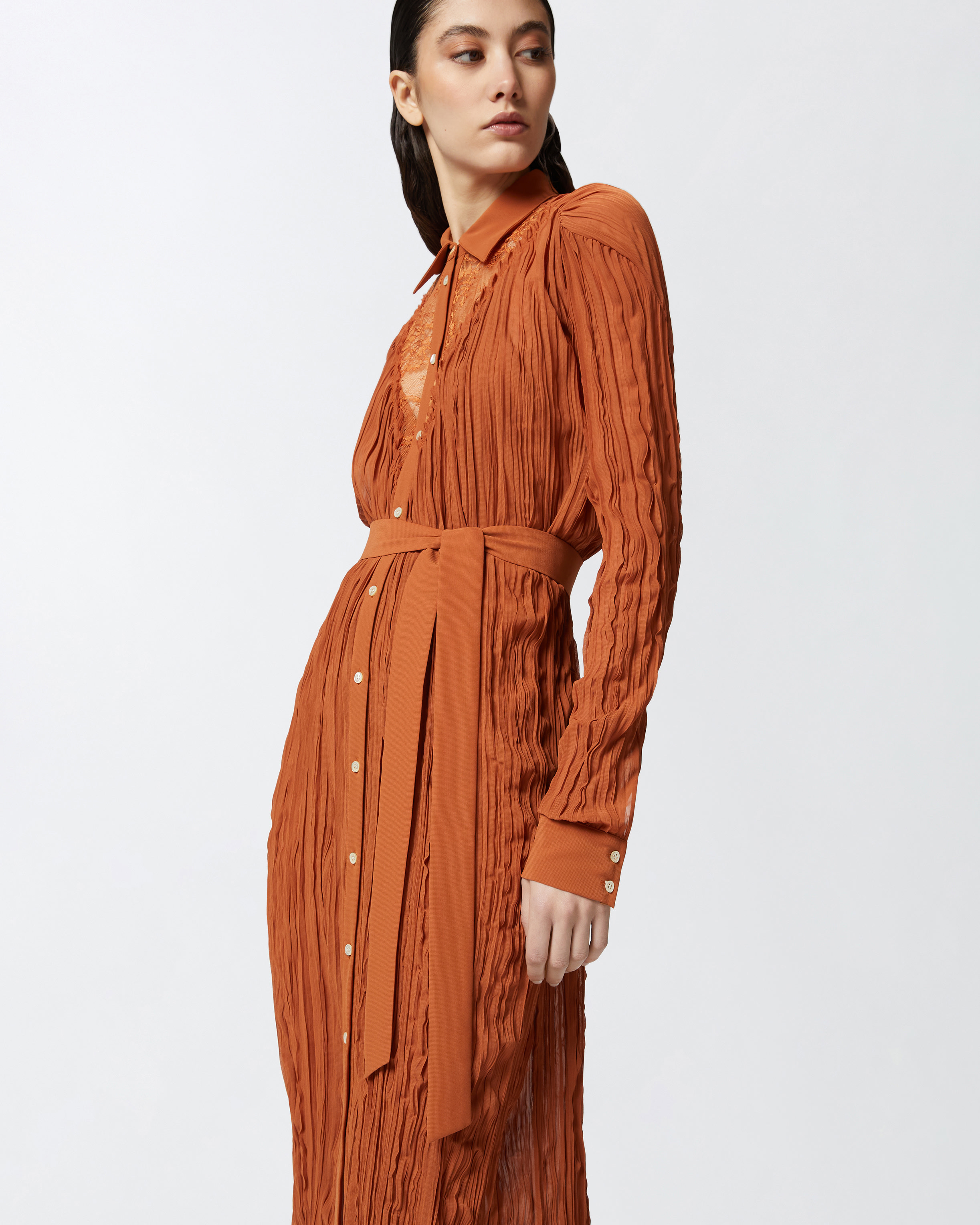 Pinko Long Shirt Dress With Lace Detailing In Tan Brown