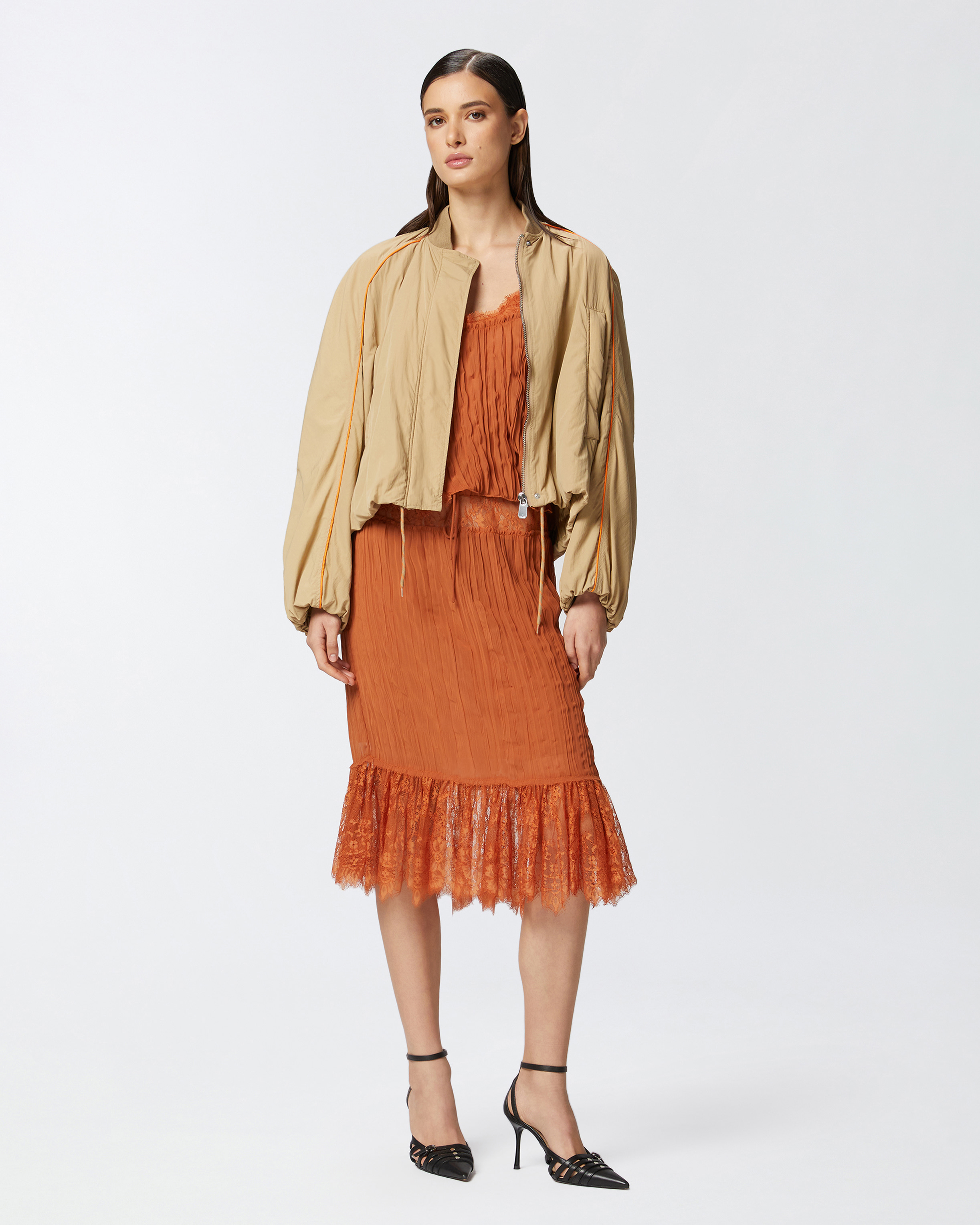 Geraffter knielanger Rock mit Spitze - Braun - large | Pinko 