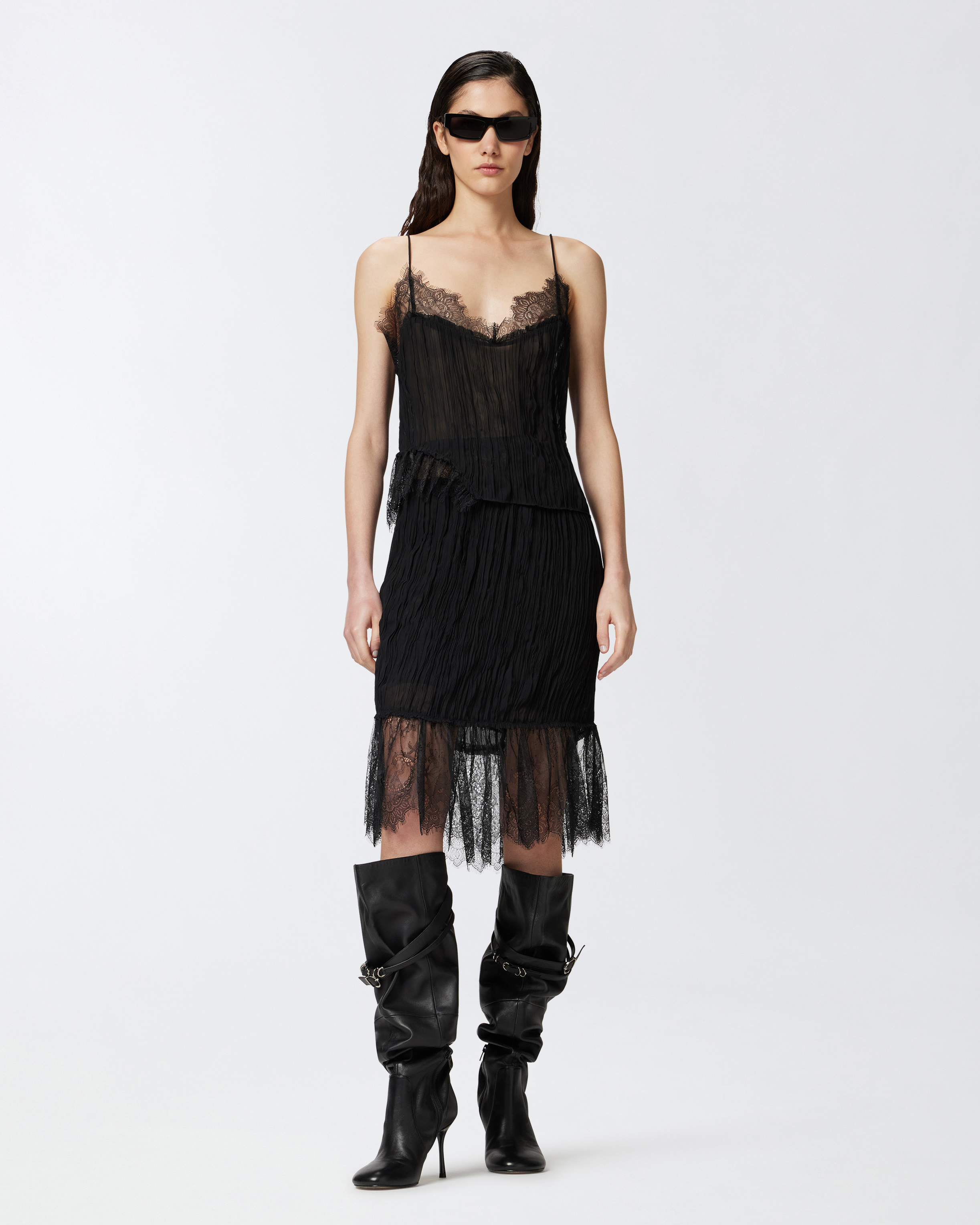Pinko Gathered Knee-length Skirt With Lace In Limo Black