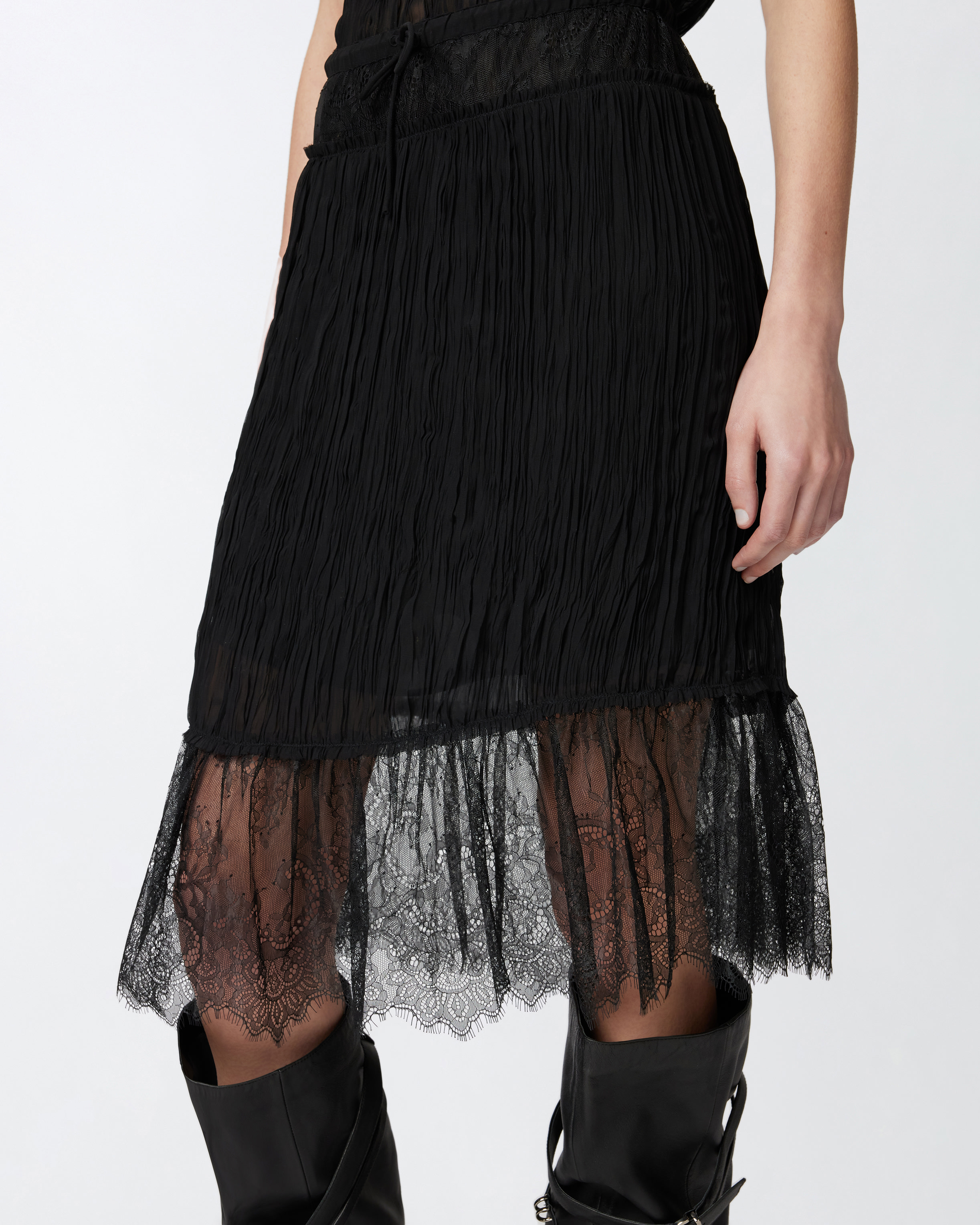 Pinko Gathered Knee-length Skirt With Lace In Limo Black