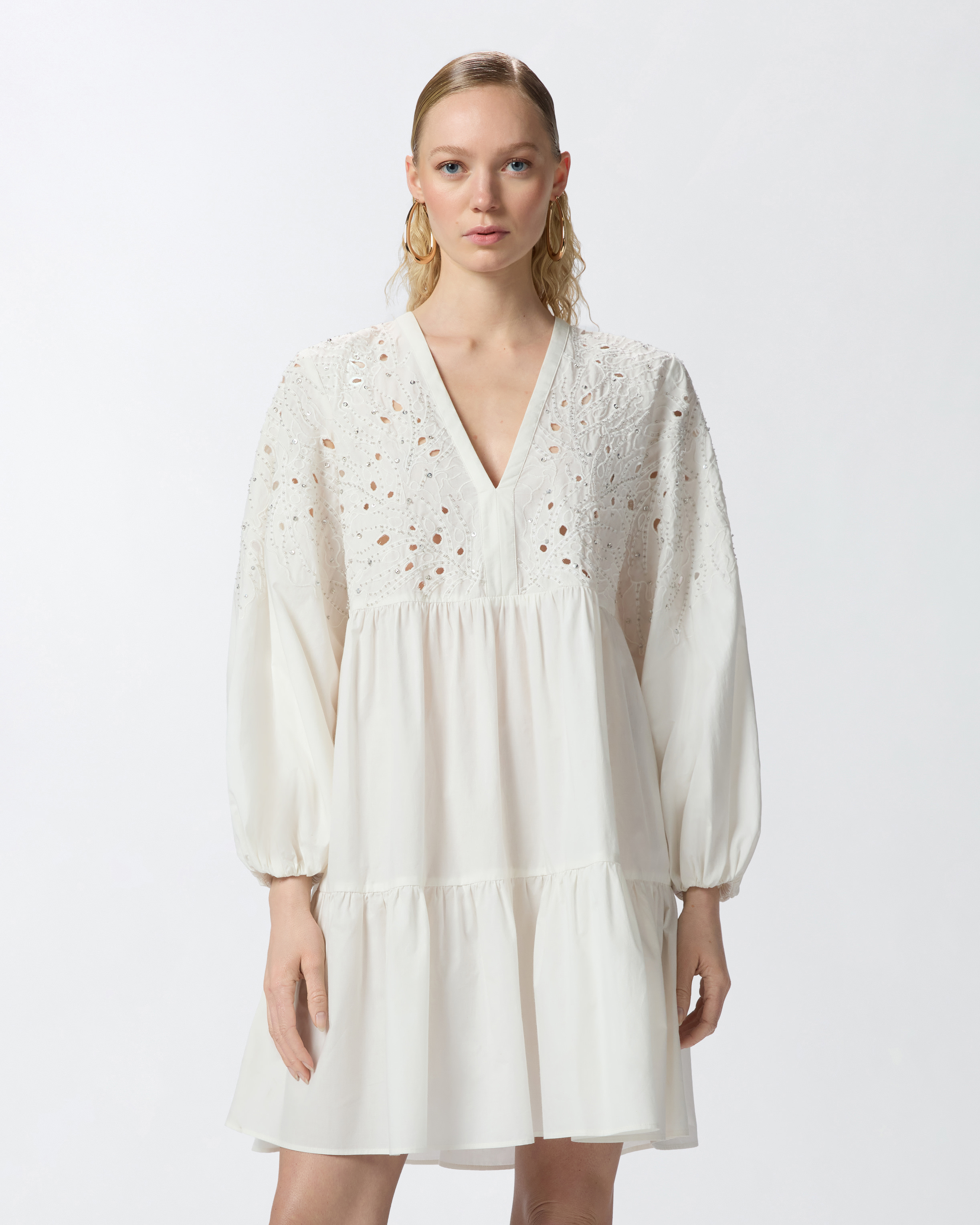 Pinko Mini Dress With Openwork Design And Crystals In Snow White