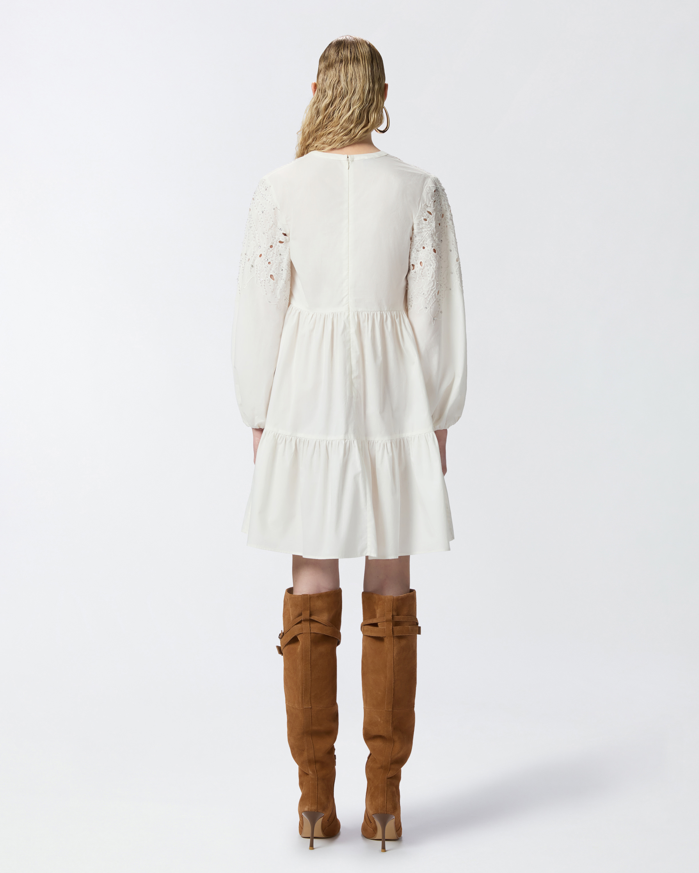 Pinko Mini Dress With Openwork Design And Crystals In Snow White