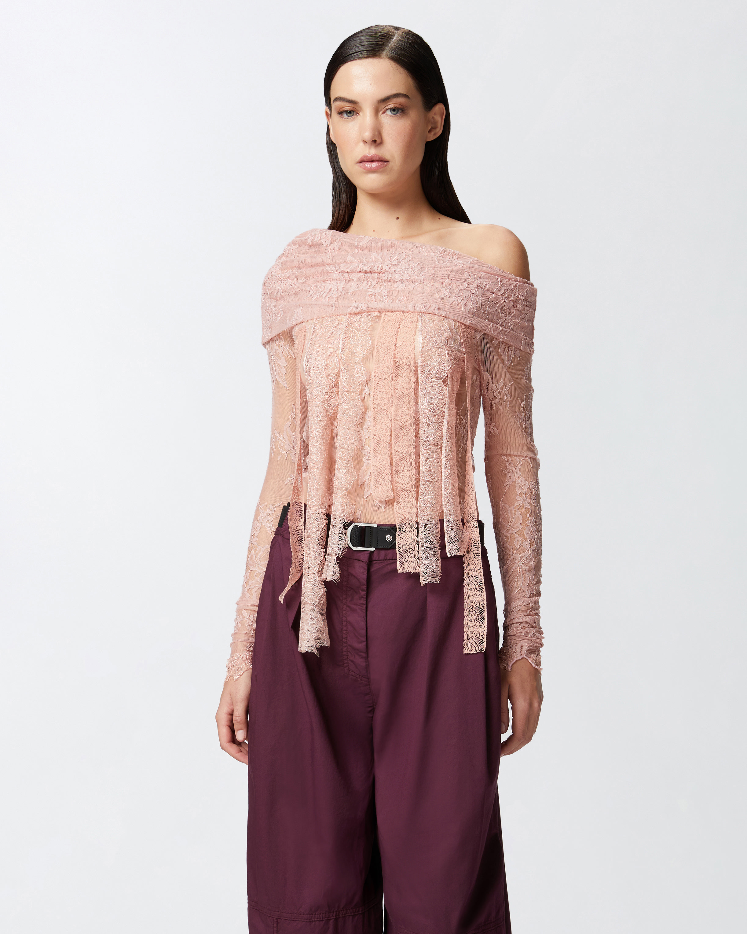 Pinko Sheer Lace Bodysuit With Open Shoulders In Light White Coffee