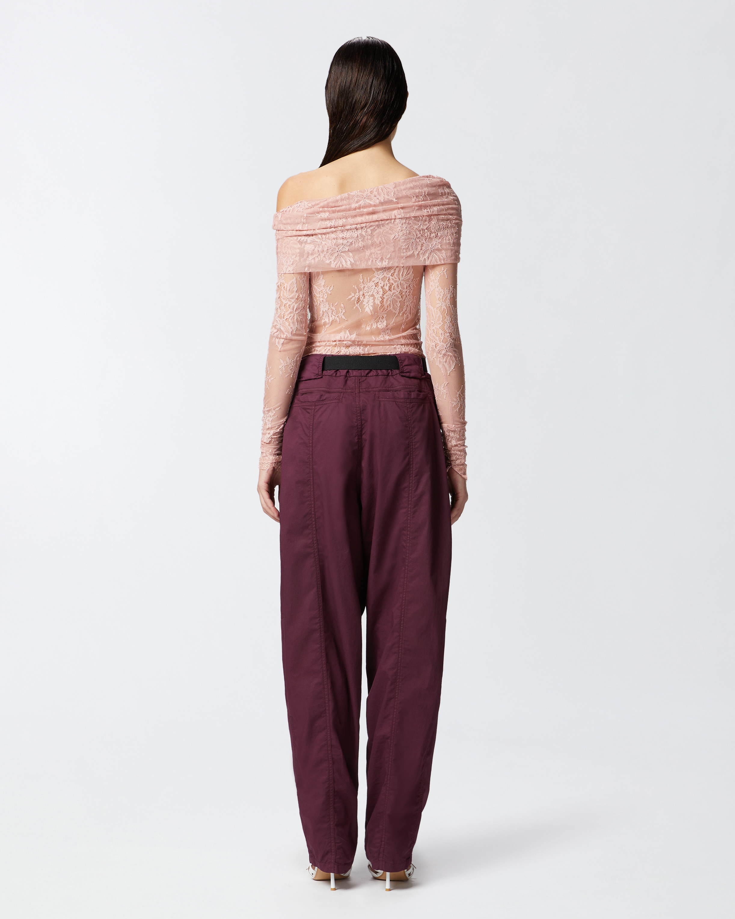 Pinko Sheer Lace Bodysuit With Open Shoulders In Light White Coffee