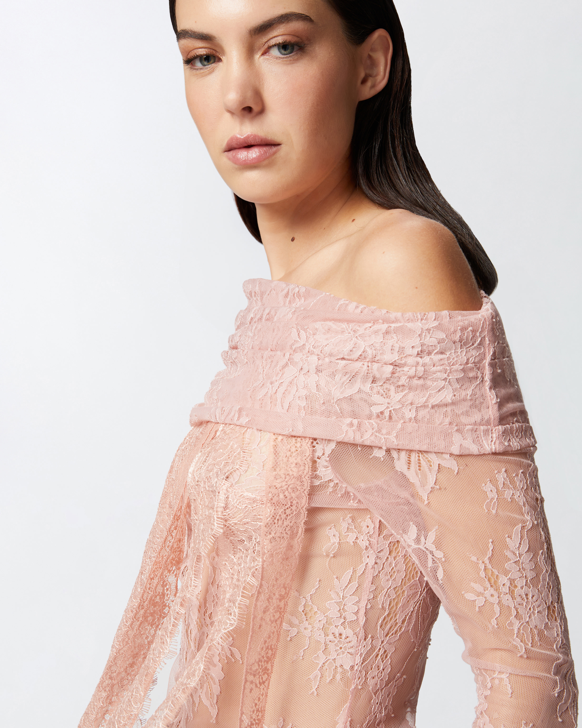Pinko Sheer Lace Bodysuit With Open Shoulders In Light White Coffee