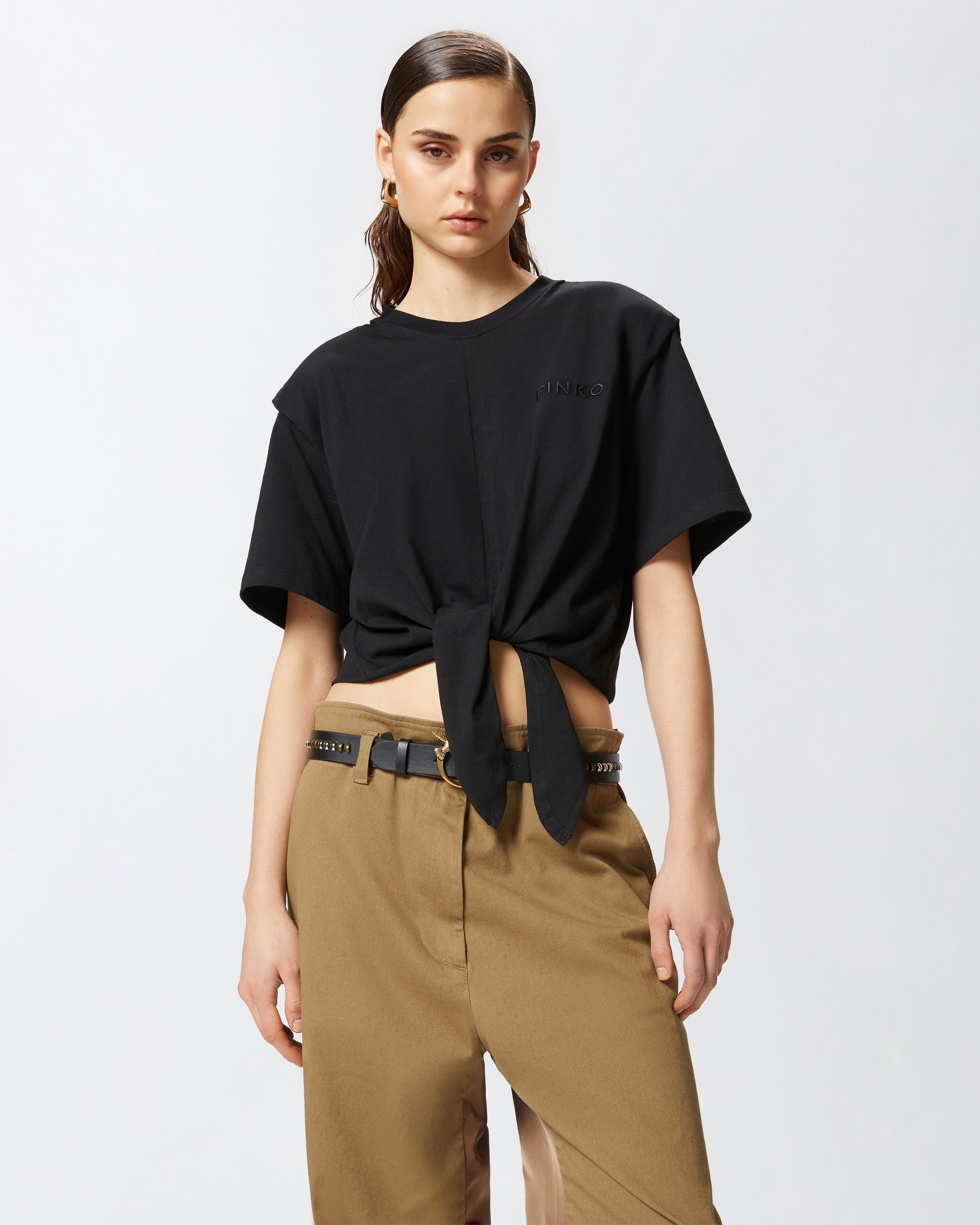 Pinko Short T-shirt With Knot In Front In Limo Black