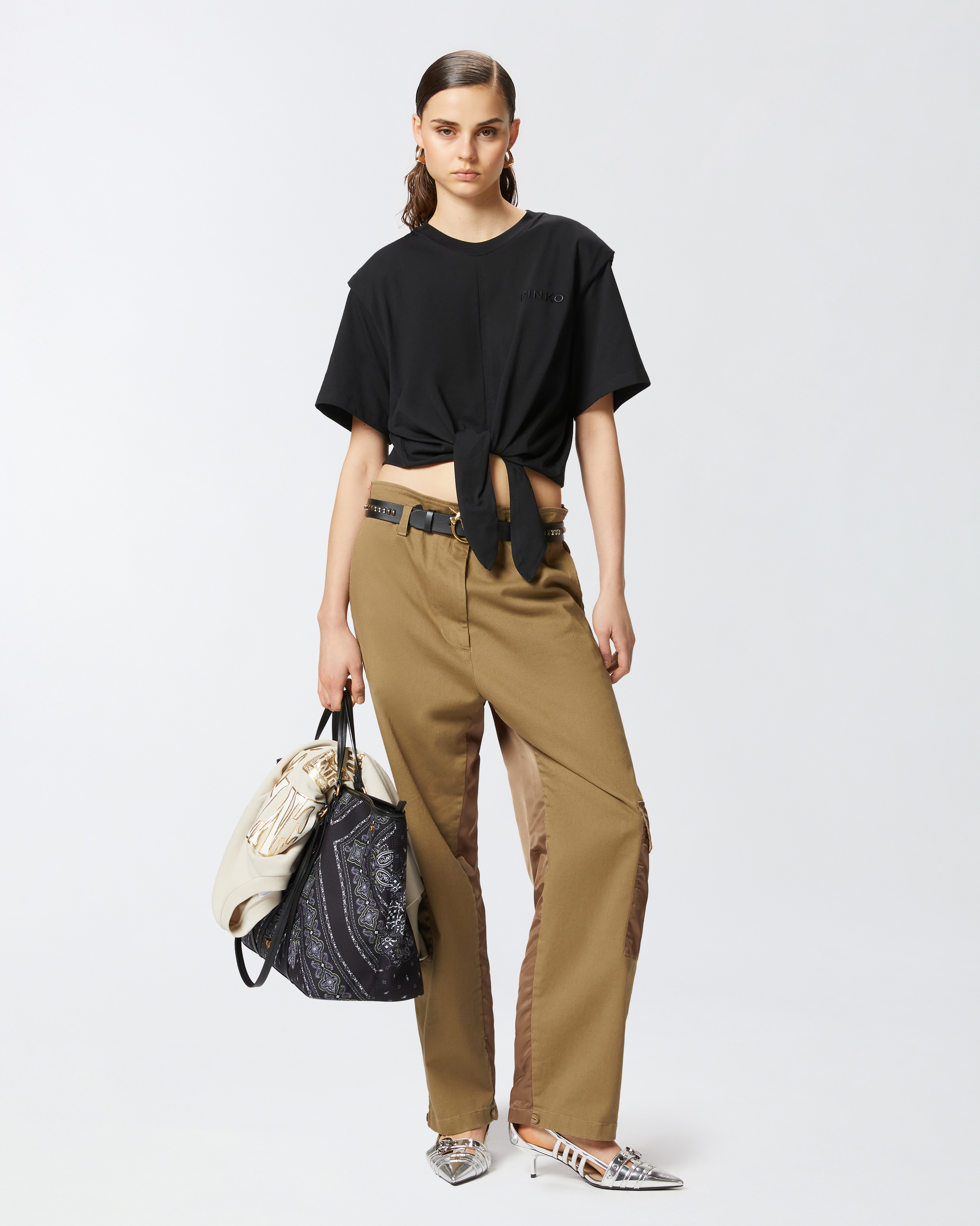 Pinko Short T-shirt With Knot In Front In Limo Black
