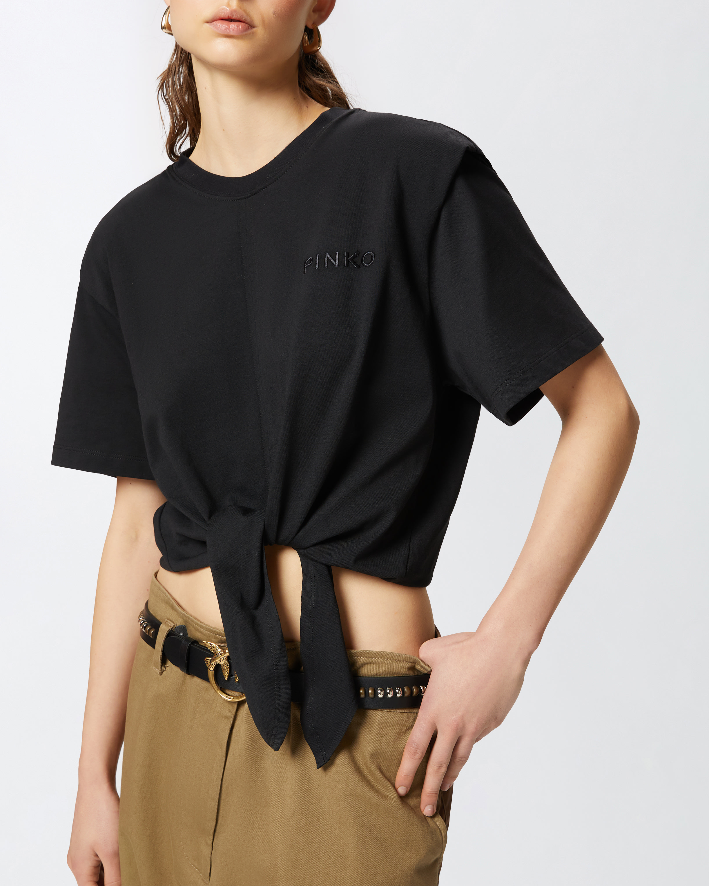 Pinko Short T-shirt With Knot In Front In Limo Black