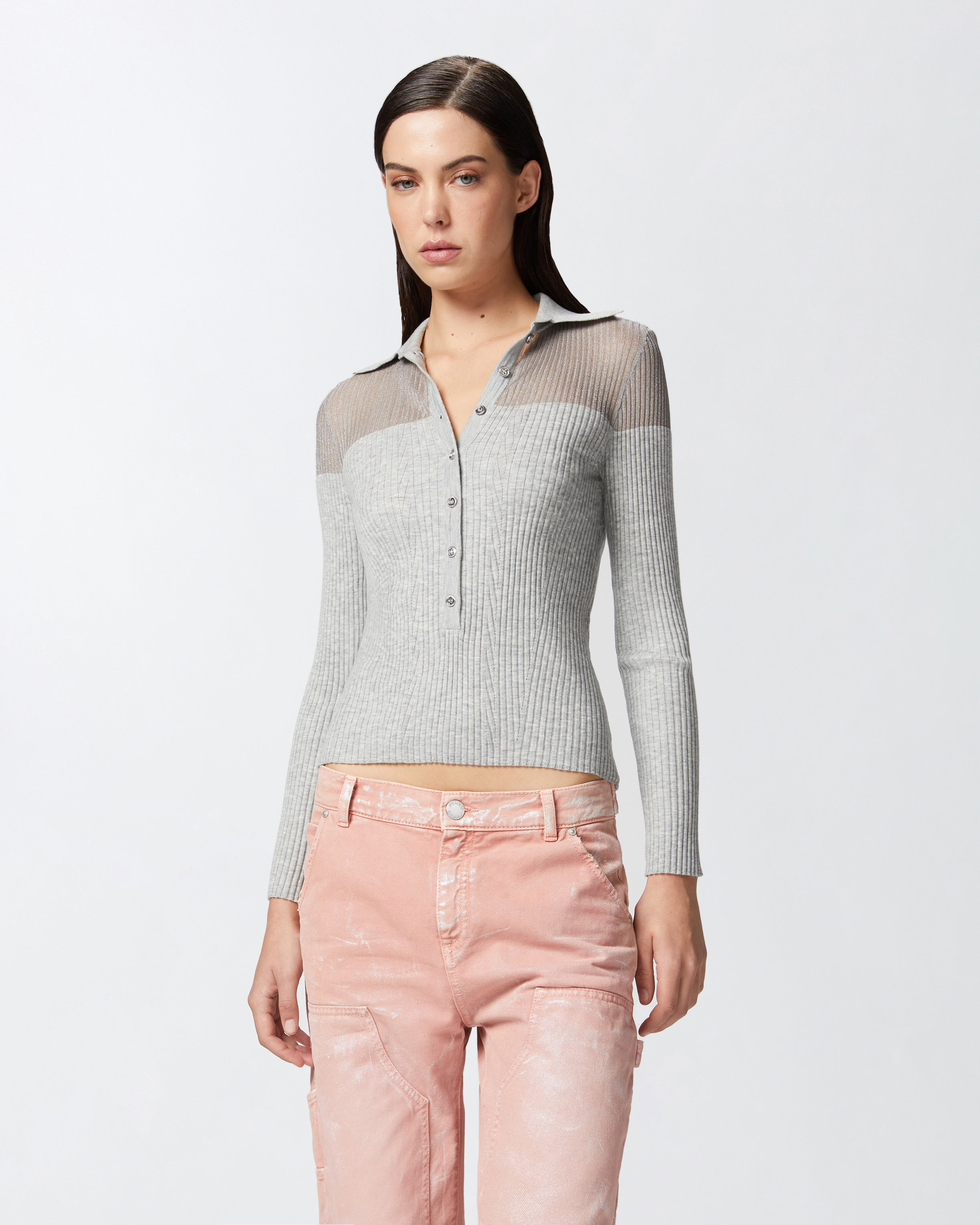 Pinko Two-tone Ribbed Knit Sweater With Button-down Front In Gris Carrière
