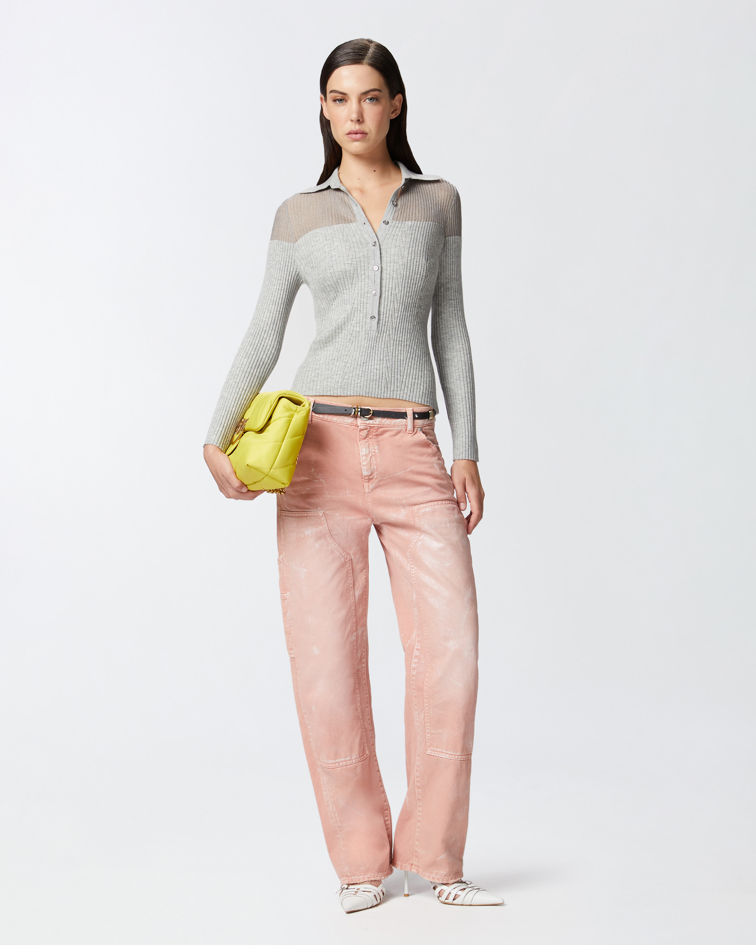 Pinko Two-tone Ribbed Knit Sweater With Button-down Front In Gris Carrière