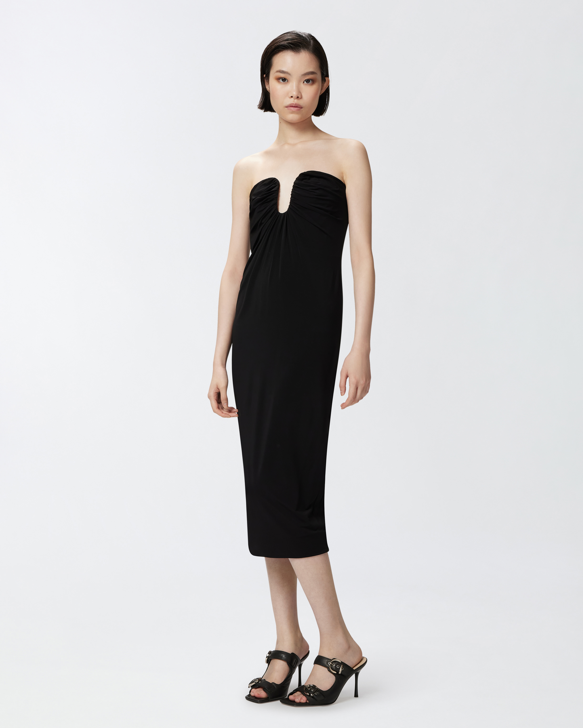 Pinko Evening Midi Dress With Contoured Neckline In Noir Limousine