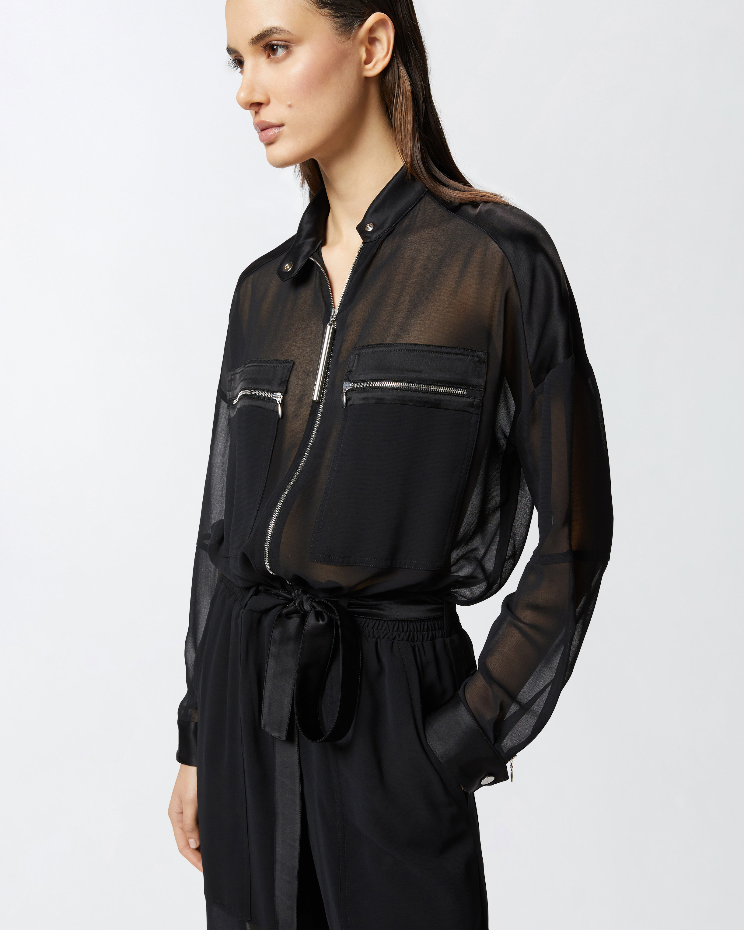 Pinko Combinaison Cargo En Crêpe Georgette Et Satin Brillant In Limo Black