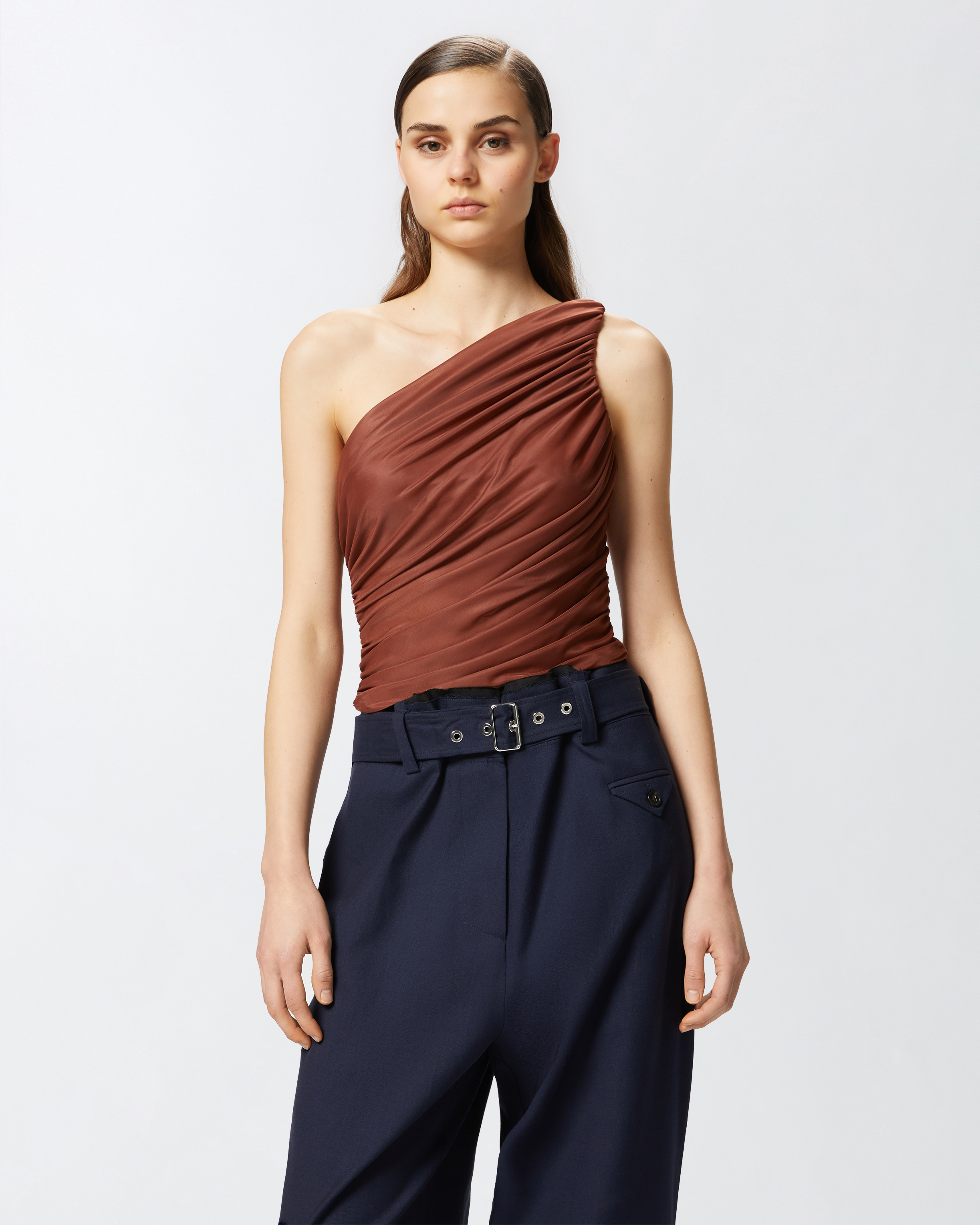 Pinko Draped One-shoulder Brown Top With Finish In Cinnamon