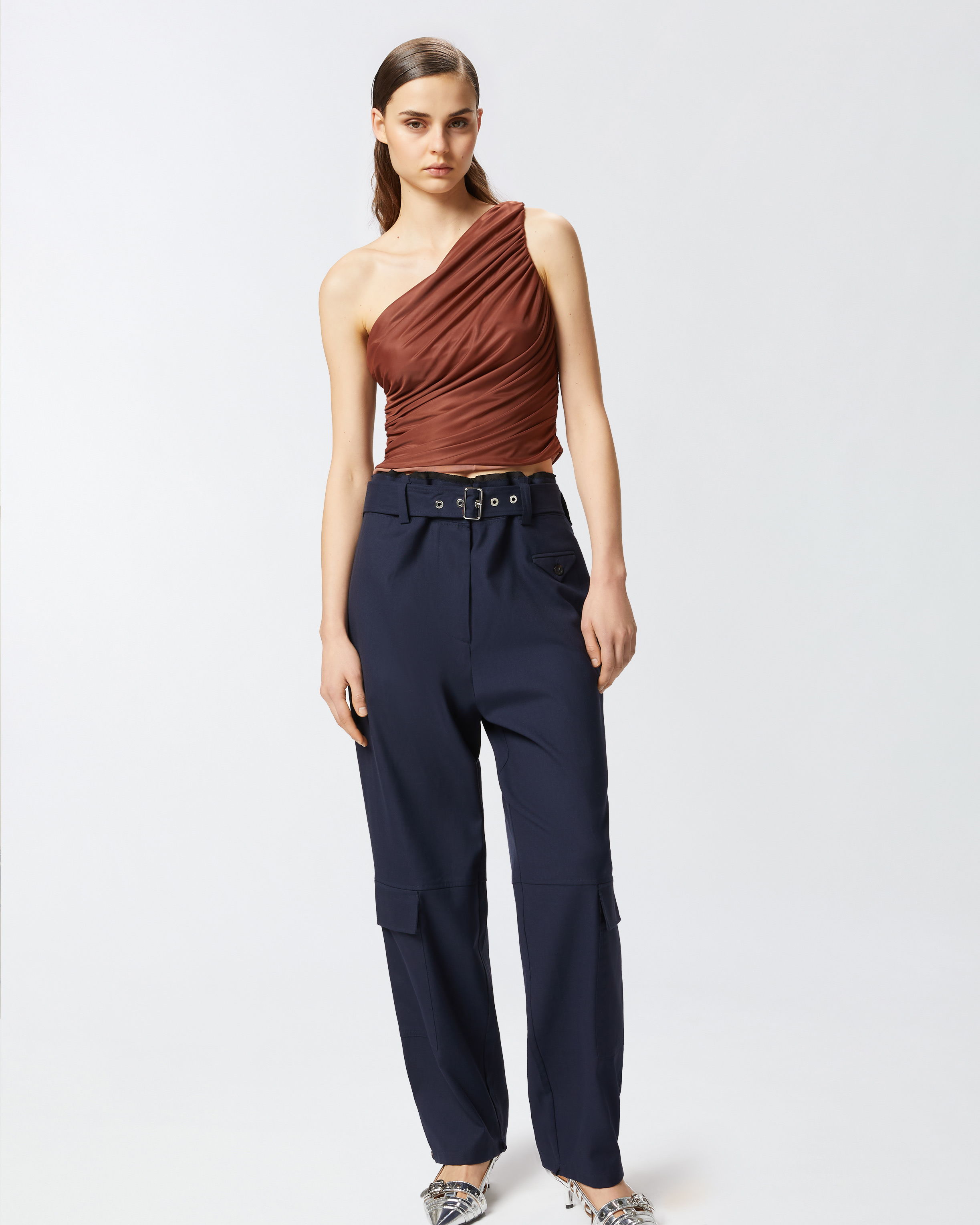 Pinko Draped One-shoulder Brown Top With Finish In Cinnamon