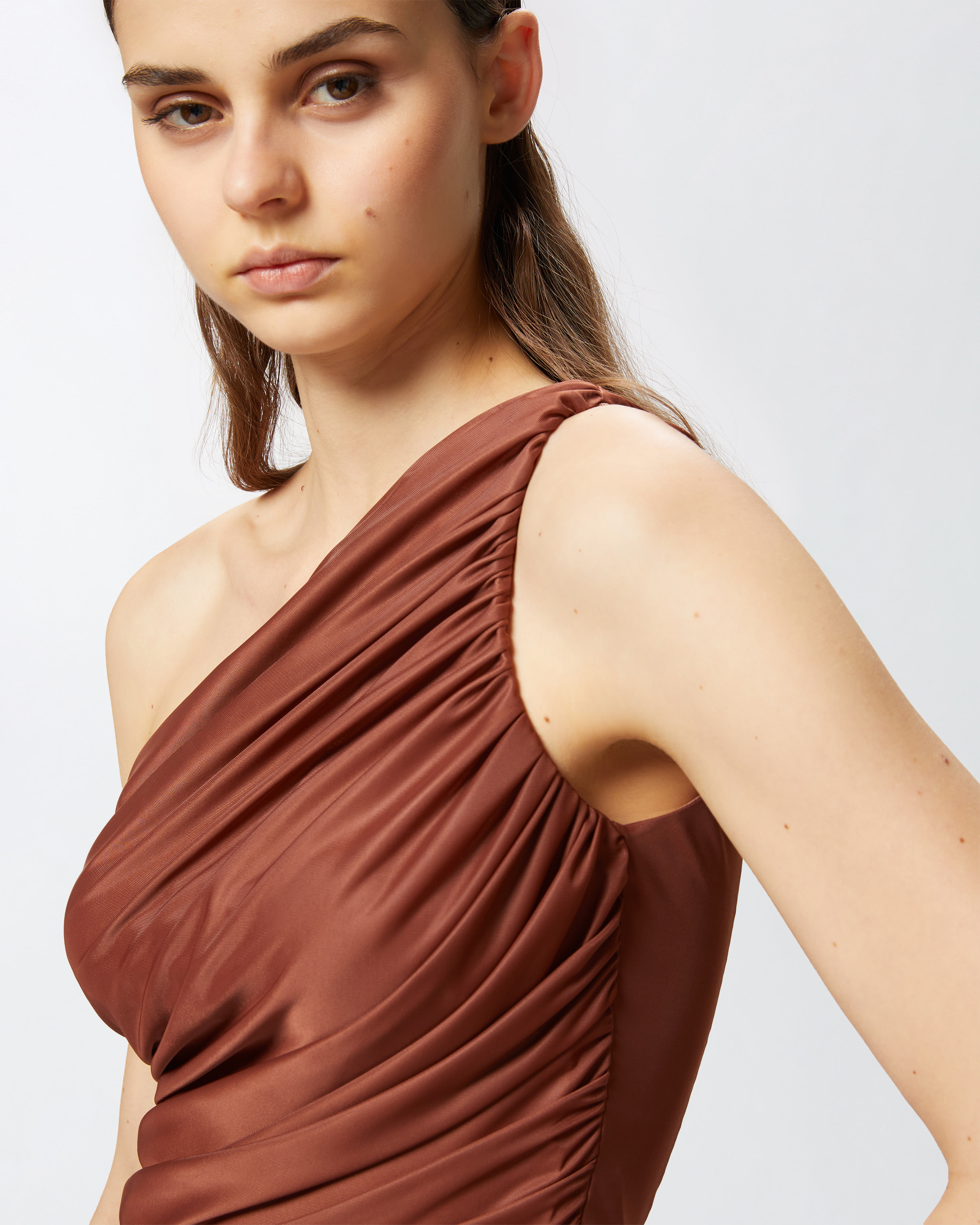Pinko Draped One-shoulder Brown Top With Finish In Cinnamon