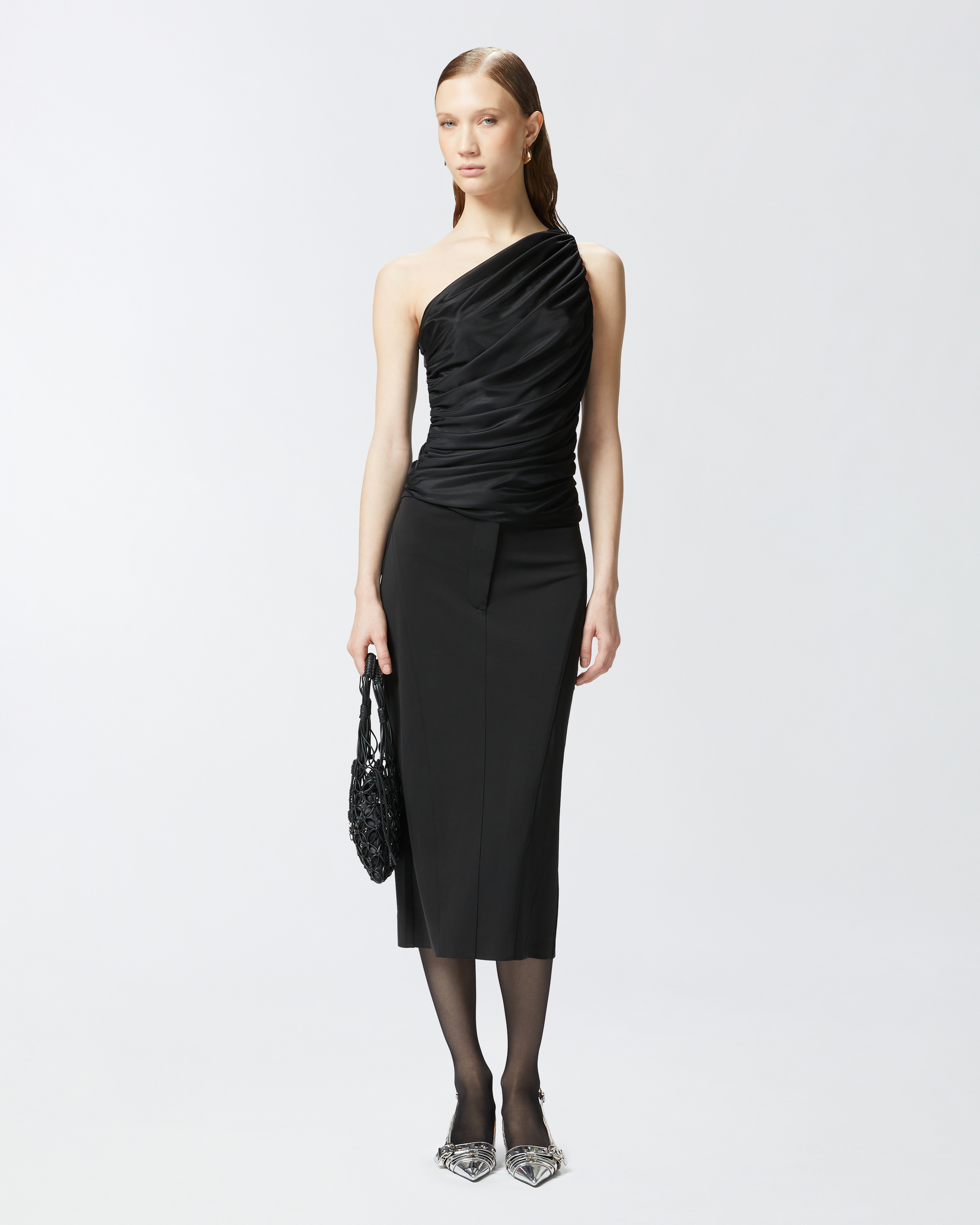 Pinko One-shoulder Draped Top With Ruched Detailing In Limo Black