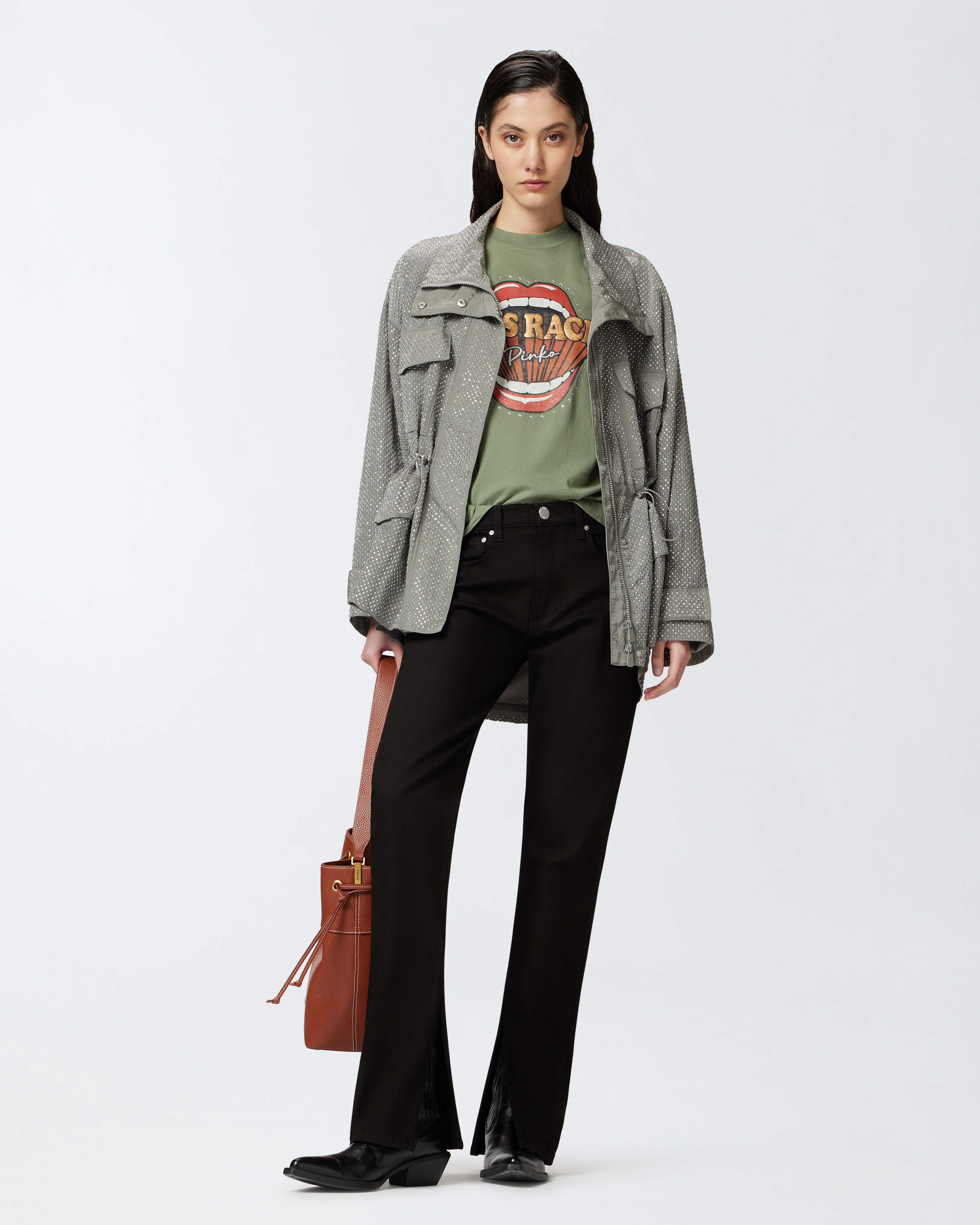 Pinko Lips Race Mouth Print T-shirt In Four-leaf Clover Green